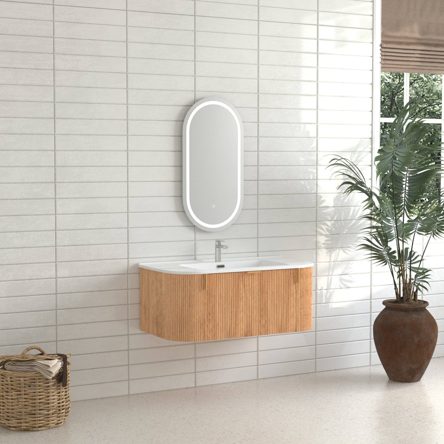 Alt View 6. Boyel Living - 36 in Wall-Mounted Bathroom Vanity with 2 Side Drawers Ceramic Basin Pre-Assembled Walnut Finish - Natural Walnut.