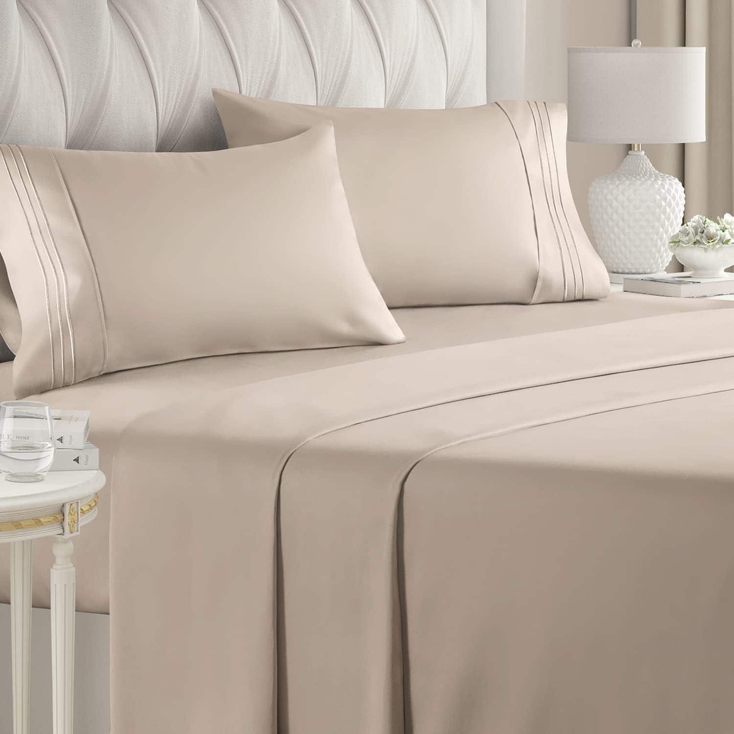 Front. CGK Linens - Luxury Soft 4 Piece Solid Bed Sheet Set - Deep Pocket Fits 8"-16" Mattresses - Queen - Wheat.