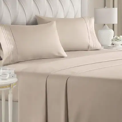 Front. CGK Linens - Luxury Soft 4 Piece Solid Bed Sheet Set - Deep Pocket Fits 8"-16" Mattresses - Queen - Wheat.