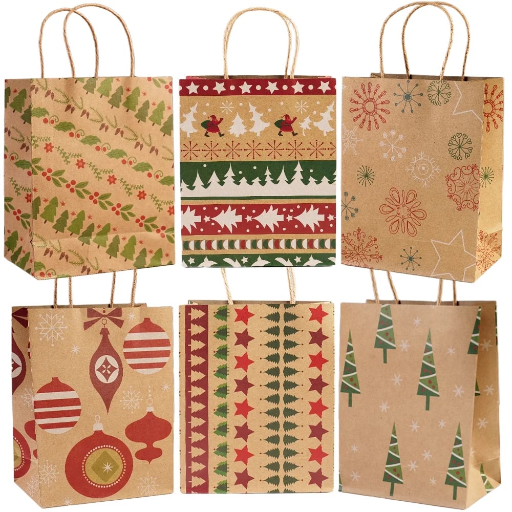 MOVSSOU - 24Pcs Christmas Kraft Gift Bag Christmas Bags For Gifts Xmas Presents Bags - Beige