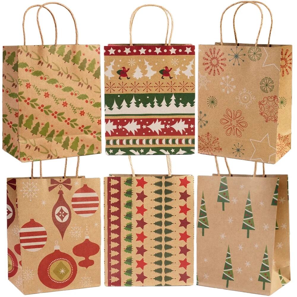 Front. MOVSSOU - 24Pcs Christmas Kraft Gift Bag Christmas Bags For Gifts Xmas Presents Bags - Beige.