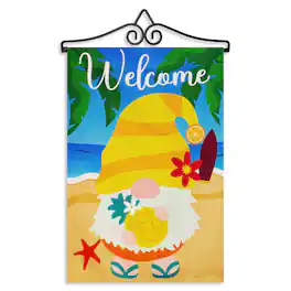 G128 - Combo Garden Flag Hanger 14.2 in with 12x18 Double-Sided Blockout Flag Welcome Gnome at Beach with Pineapple - Yellow