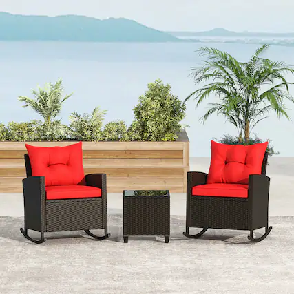 Front. Gymax - Gymax Set of 3 Wicker Rocking Set w/ Tempered Glass Table Patio Outdoor Red - Red.