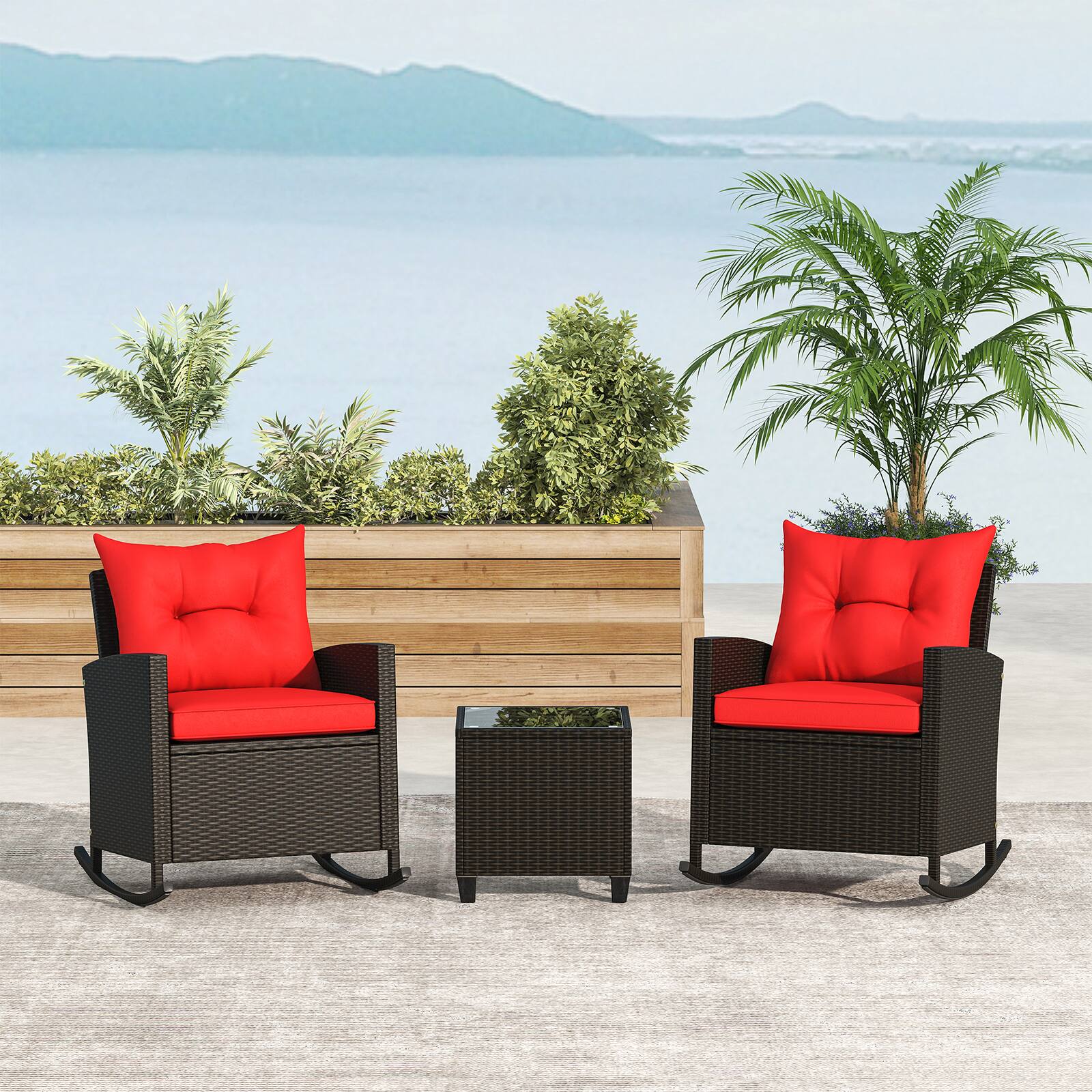 Front. Gymax - Gymax Set of 3 Wicker Rocking Set w/ Tempered Glass Table Patio Outdoor Red - Red.