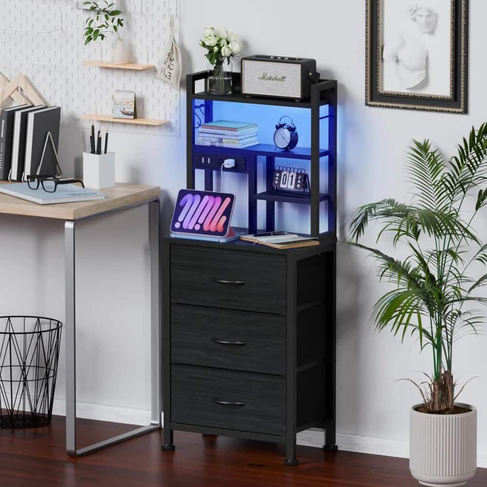 Furnulem - Tall Bedside Table with USB Charging Station and Light Fabric Drawer Nightstand Bookshelf for Small Space Bedroom Dorm - Black price history on PriceWatchPro