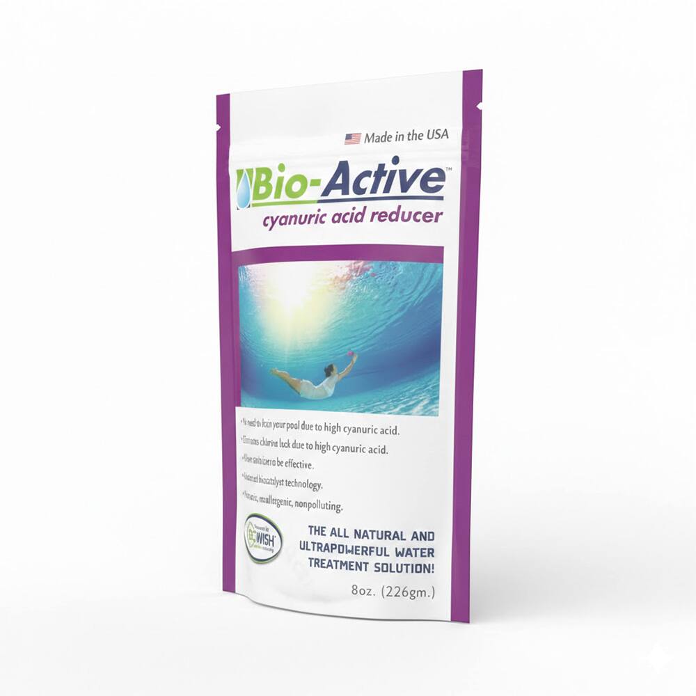 Made in the USA Bio-Active cyanuric acid reducer. Use it to fix your pool due to high cyanuric acid. Eliminate chlorine lack due to high cyanuric acid. Chlorine sanitizer to be effective. Bio-active biocatalyst technology. Non-toxic, non-allergenic, non-polluting. THE ALL NATURAL AND ULTRAPOWERFUL WATER TREATMENT SOLUTION! 8oz. (226gm.)