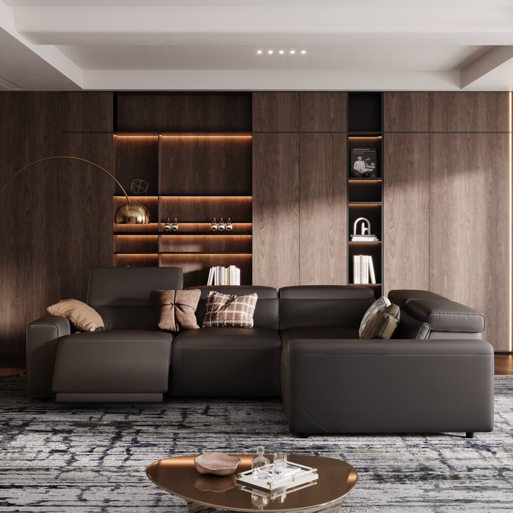 Left. POVISON - 111.02"Power Corner Sofa L-shaped Electric Reclining Couch, 2 Extendable Recliners, USB Charging, Khaki - Black Sustainable Leather.