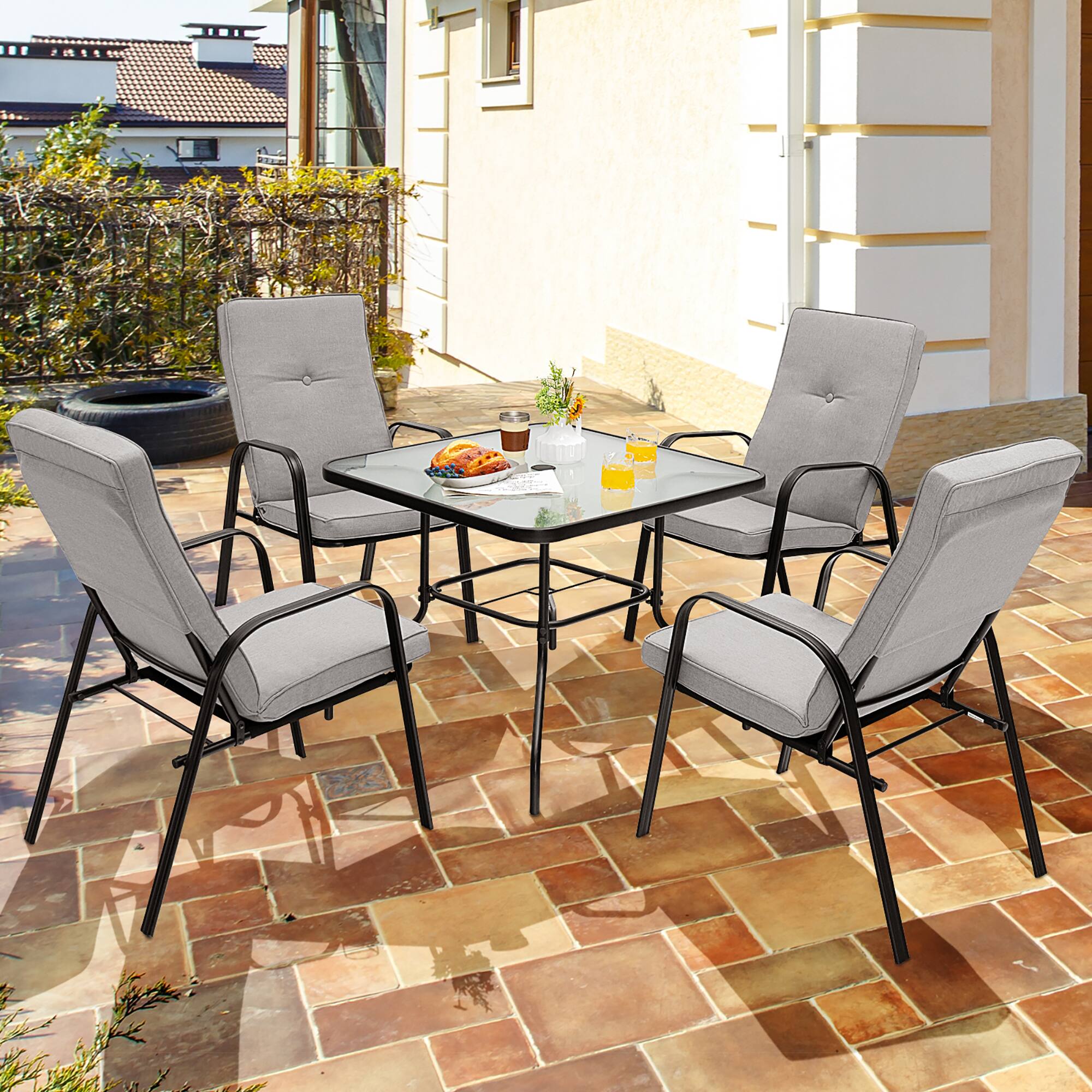 Alt View 1. Costway - Costway 5pcs Patio Dining Set 4 Stackable Chairs Cushioned Square Glass Table - Grey/Black.