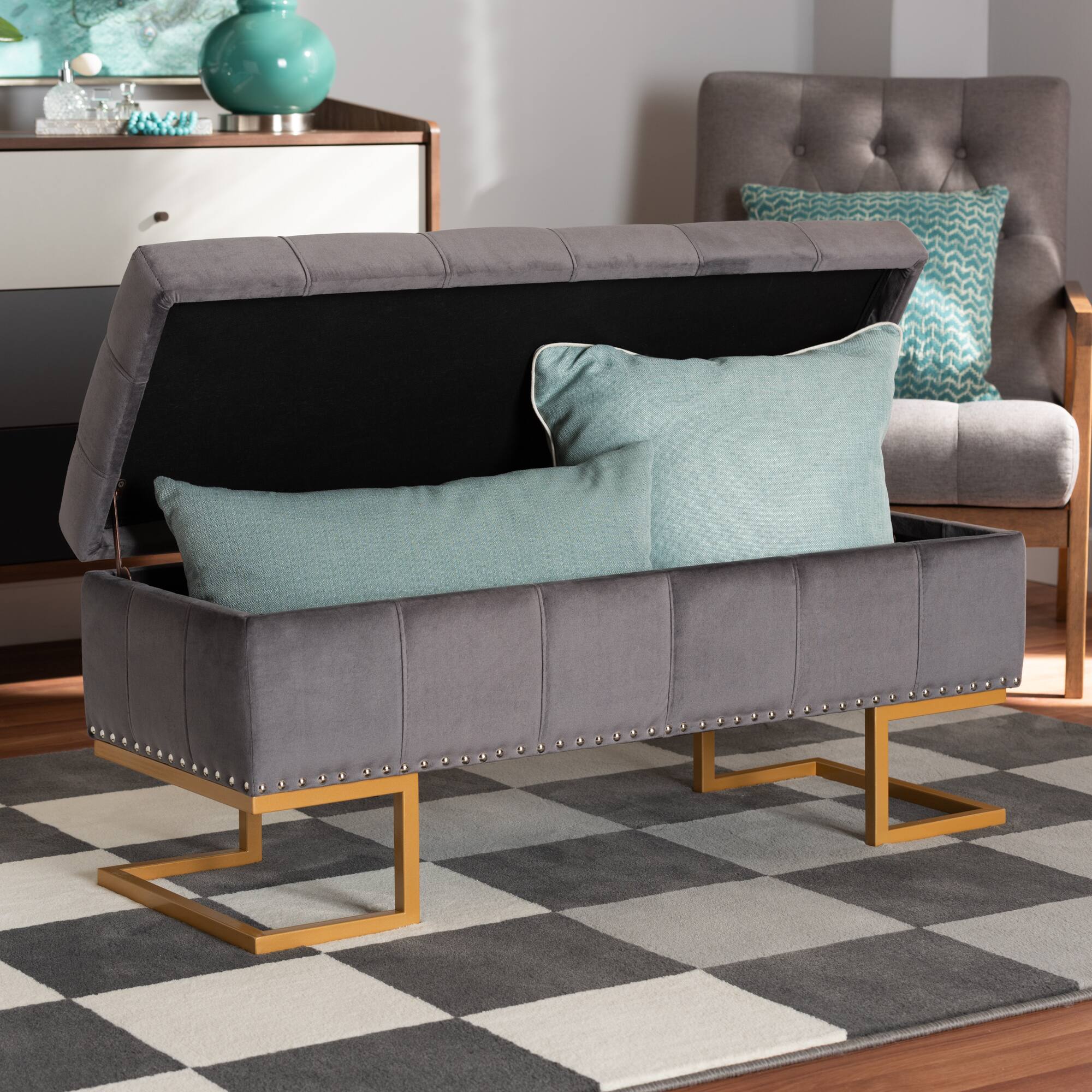 Alt View 5. Baxton Studio - Ellery Luxe and Glam Velvet Fabric Upholstered and Gold Finished Metal Storage Ottoman - Grey/Gold.