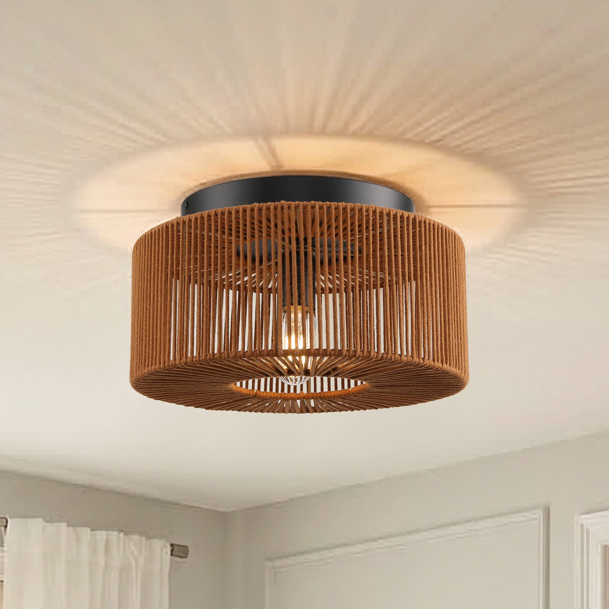 Alt View 1. Parrot Uncle - 14 in. 3-Light Brown Boho Handwoven Cotton shade Semi Flush Mount Ceiling Light - Brown.
