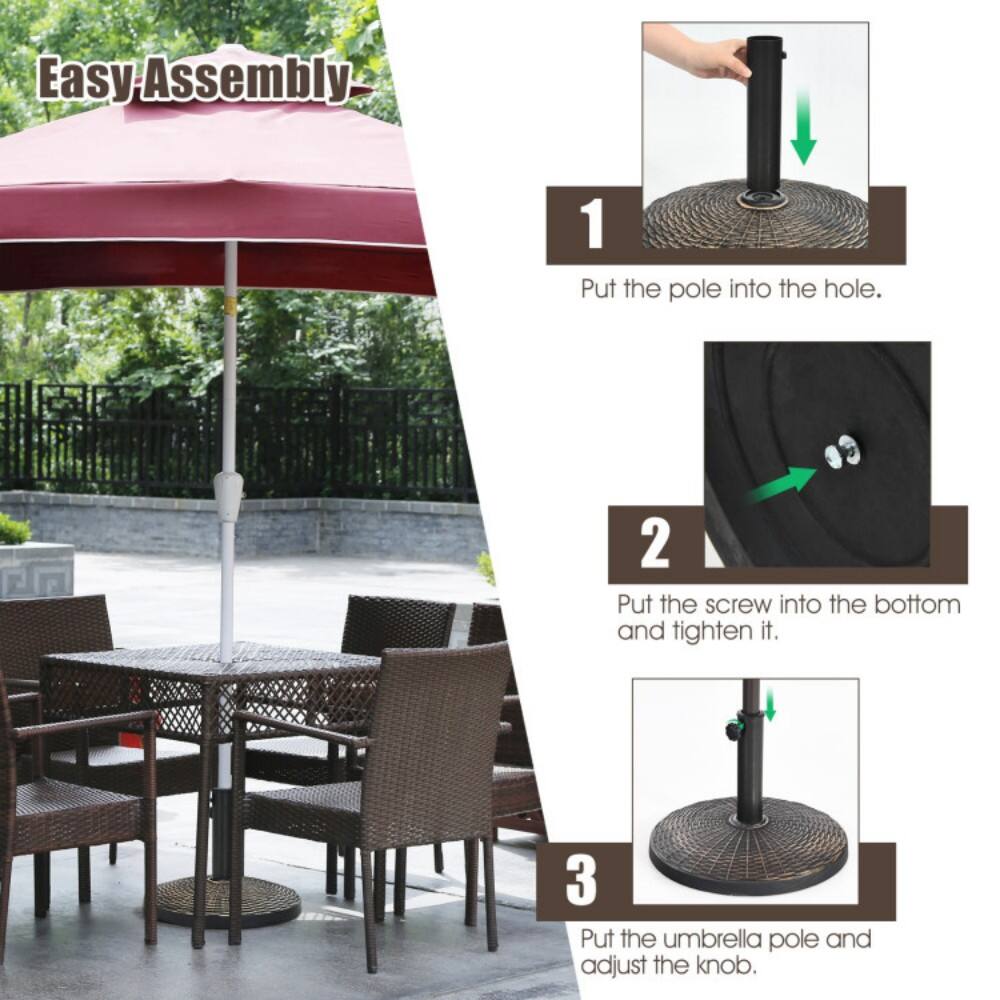 Easy Assembly

1. Put the pole into the hole.
2. Put the screw into the bottom and tighten it.
3. Put the umbrella pole and adjust the knob.