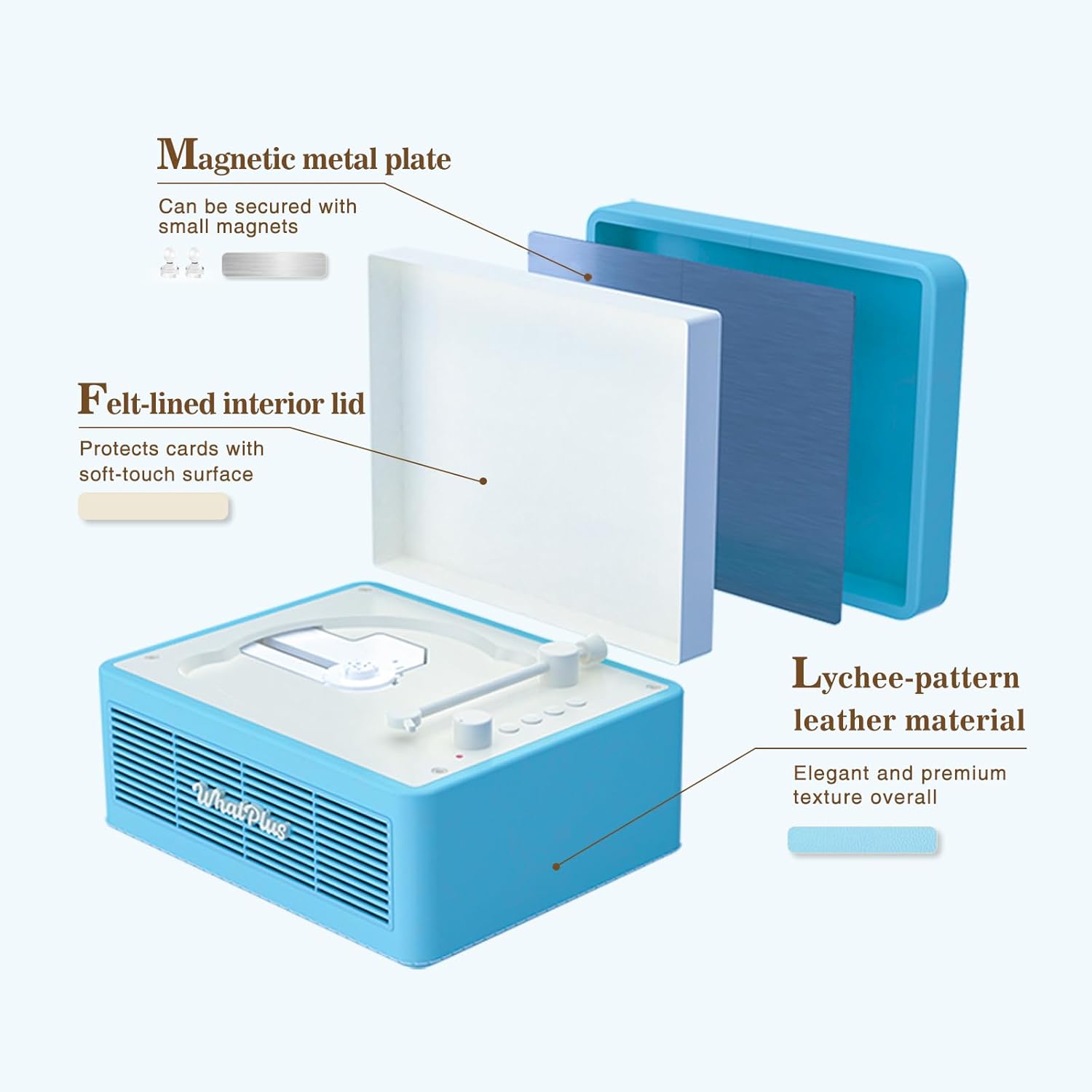 - Magnetic metal plate: Can be secured with small magnets
- Felt-lined interior lid: Protects cards with soft-touch surface
- Lychee-pattern leather material: Elegant and premium texture overall