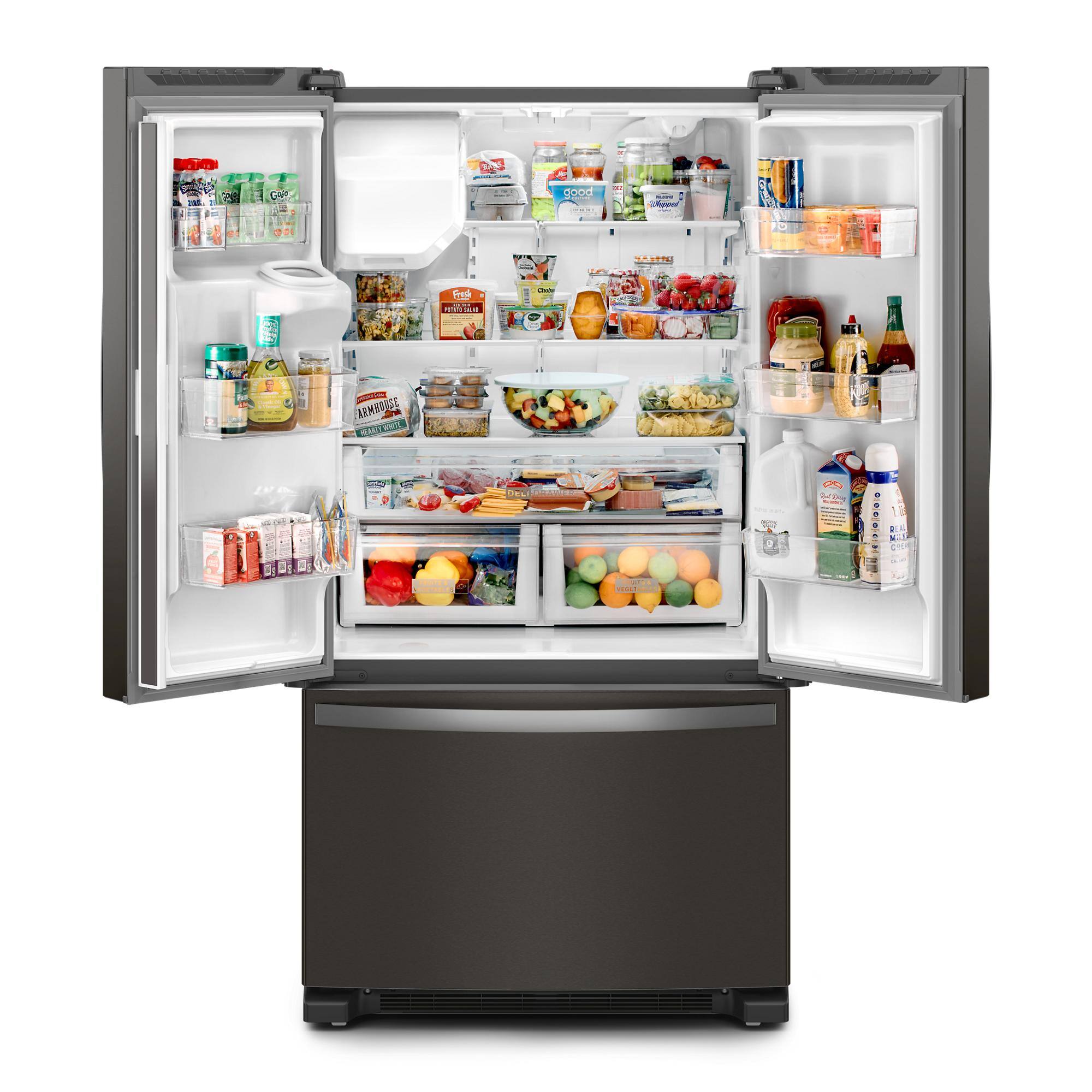 The image shows a refrigerator filled with a variety of food items, including fruits, vegetables, and drinks. The refrigerator is stocked with items such as apples, oranges, and broccoli. There are also several bottles of drinks, including water and juice, placed throughout the refrigerator. The refrigerator is well-organized and offers a diverse selection of food options for consumption.