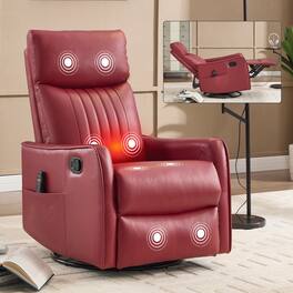 Bestier - Faux Leather Manual Recliner Chair with Heat and Massage, 360-Degree Swivel Recliner with Lumbar Heat, 8 Vibration Nodes - Red