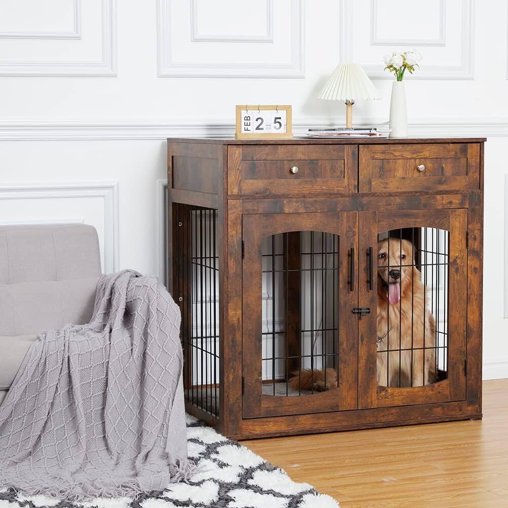 Acekool - Dog Crate Furniture with Double Drawers, Wooden End Table Dog Kennel, Furniture Style Crate for Large Dogs, Brown