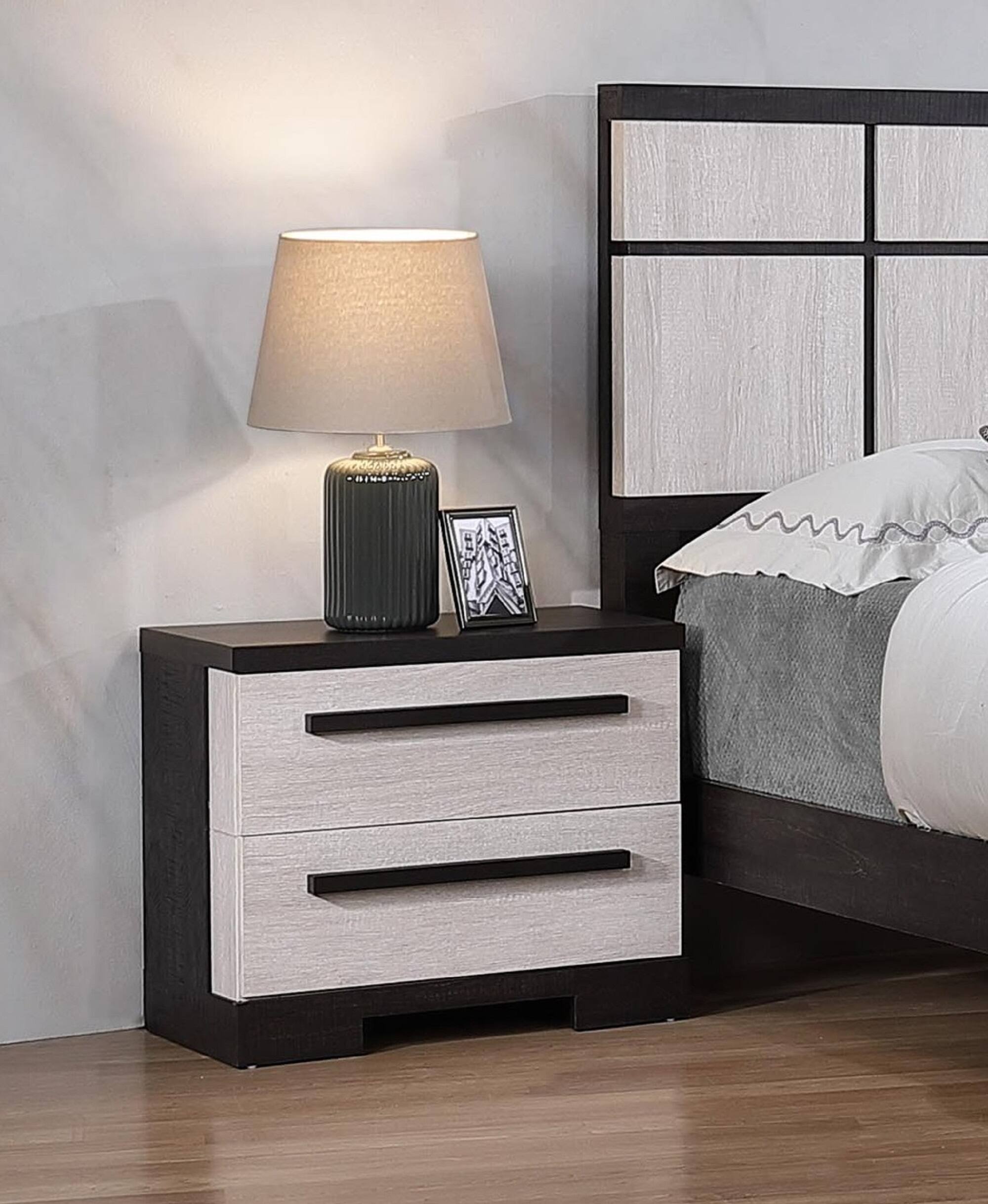 Angle. Tiramisubest - Chalk White and Black Finish Wooden Nightstand with 2 Drawers, Contemporary Style - Black|White.