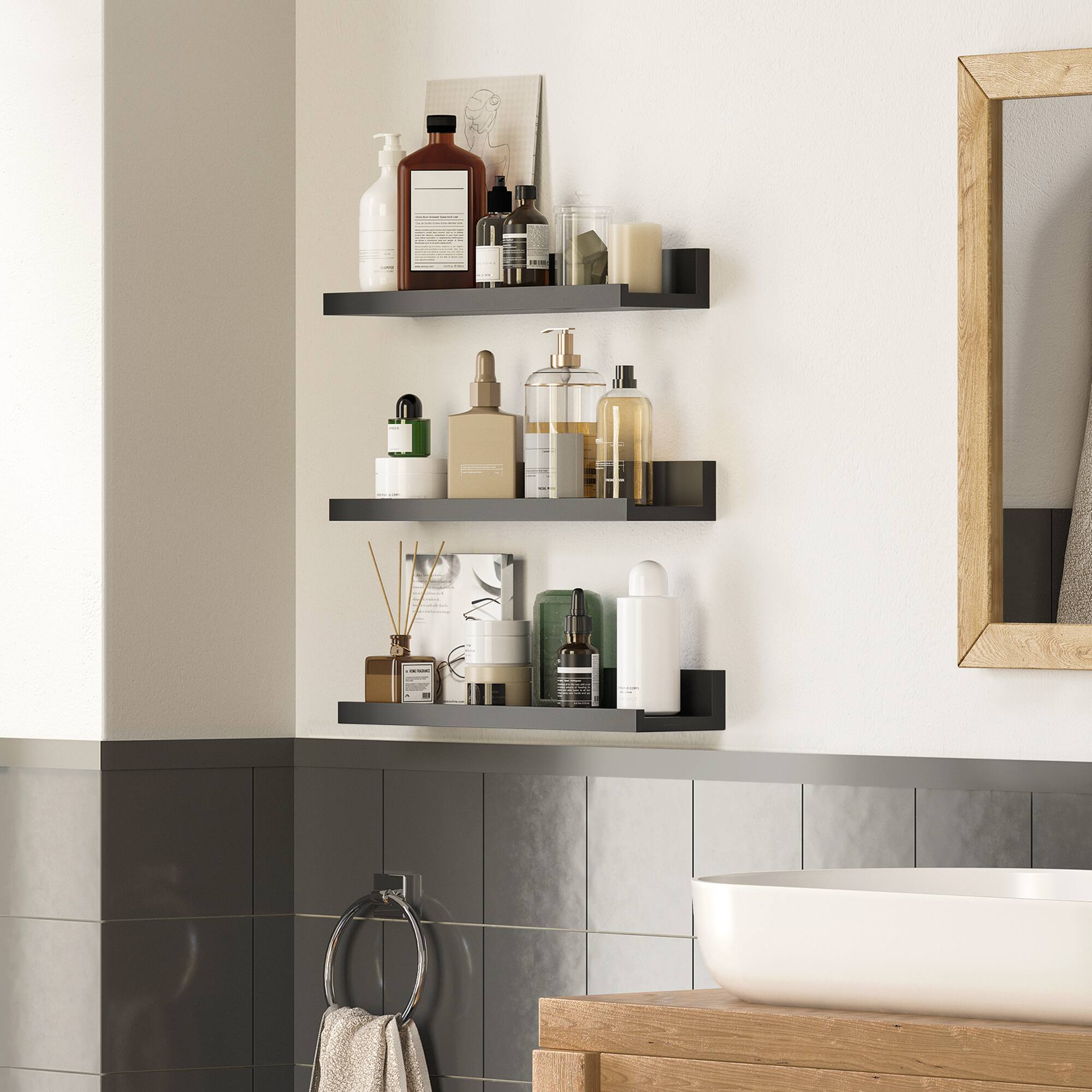 Alt View 1. Songmics Home - Floating Shelves, Set of 3 Wall Shelves, 15-Inche Wide, for Photo Frames and Trinkets, for Living Room, Home Office - Black.