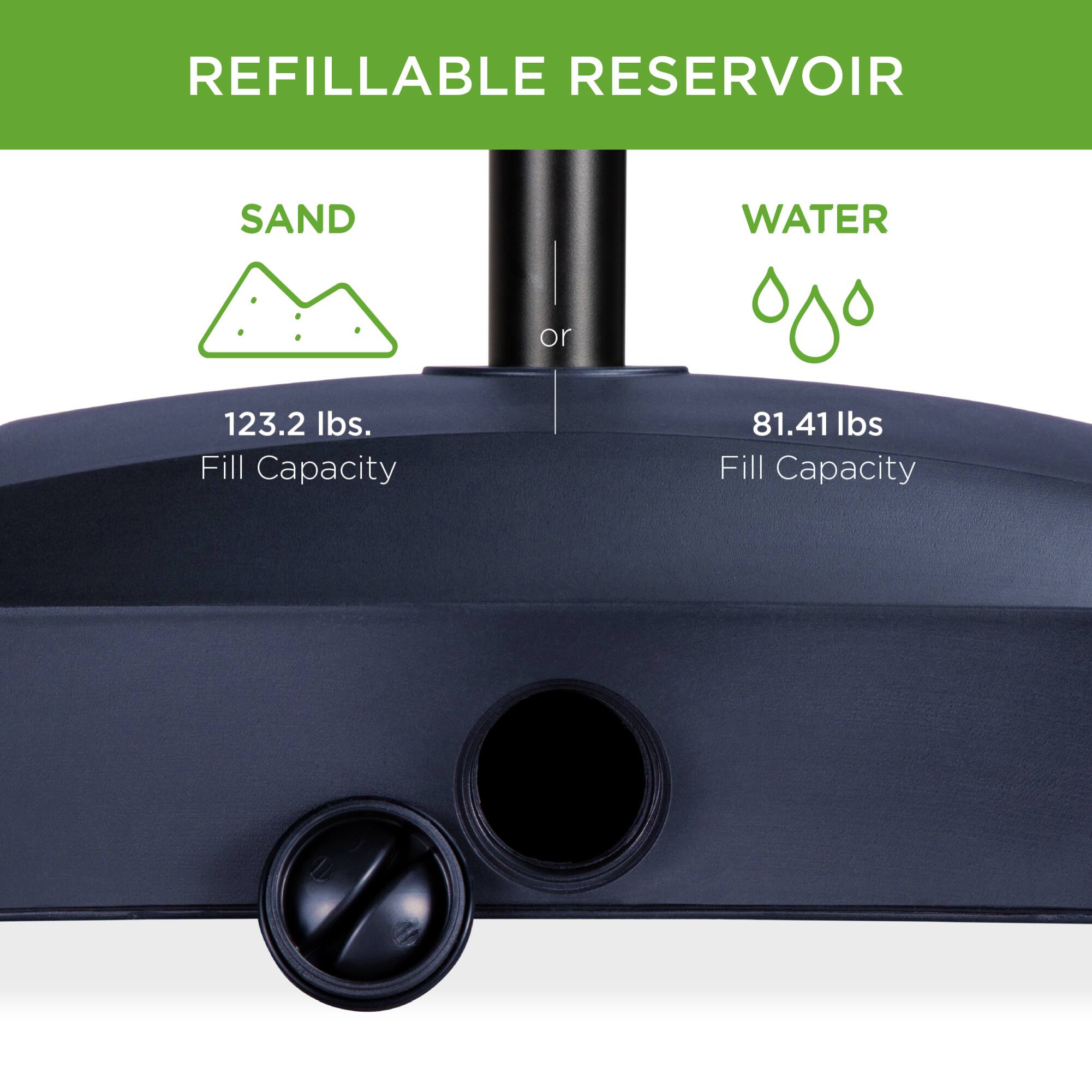 REFILLABLE RESERVOIR

SAND  
123.2 lbs.  
Fill Capacity

or

WATER  
81.41 lbs  
Fill Capacity