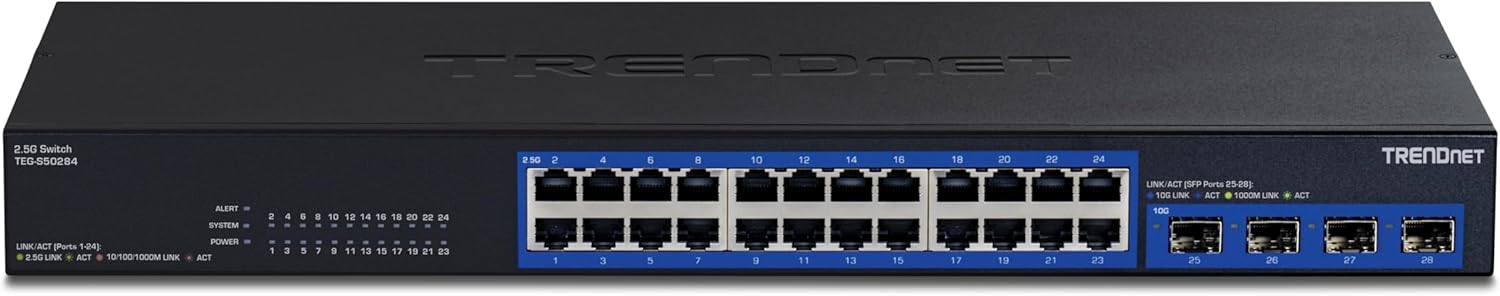TRENDNET 2.5G Switch TEG-S50284

- SG 2 4 6 8 10 12 14 16 18 20 22 24
- TRENDNET ALERT SYSTEM 2 4 6 8 10 12 14 16 18 20 22 24
- LINK/ACT (SFP Ports 25-28) 100 LINK ACT 1000M LINK 10G ACT LINK/ACT
- Parts 24 2.50 LINK ACT 10/100/1000M LINK POWER ACT 1 3 5 7 9 11 13 15 17 19 21 23 25 26 27 28

2.5G Switch
TEG-S50284

LINK/ACT (Ports 1-24):
- 2.5G LINK * ACT
- 10/100/1000M LINK * ACT

