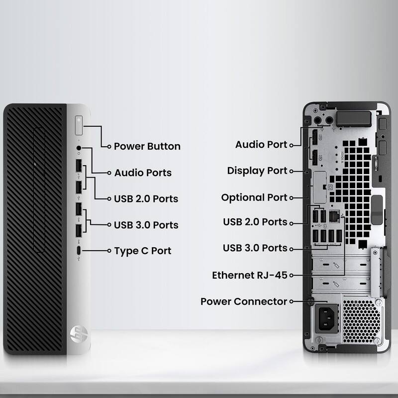 - Power Button
- Audio Ports
- USB 2.0 Ports
- USB 3.0 Ports
- Type C Port
- Audio Port
- Display Port
- Optional Port
- USB 2.0 Ports
- USB 3.0 Ports
- Ethernet RJ-45
- Power Connector