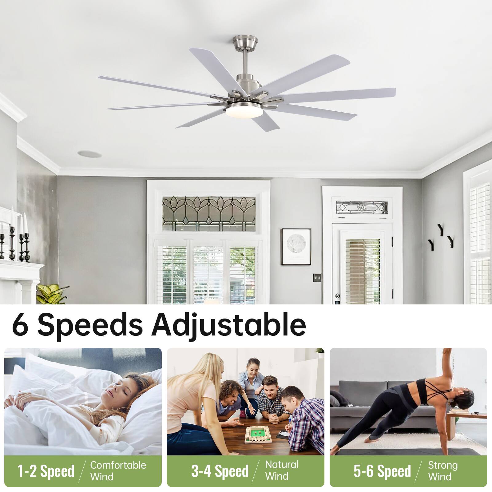 6 Speeds Adjustable

1-2 Speed / Comfortable Wind  
3-4 Speed / Natural Wind  
5-6 Speed / Strong Wind