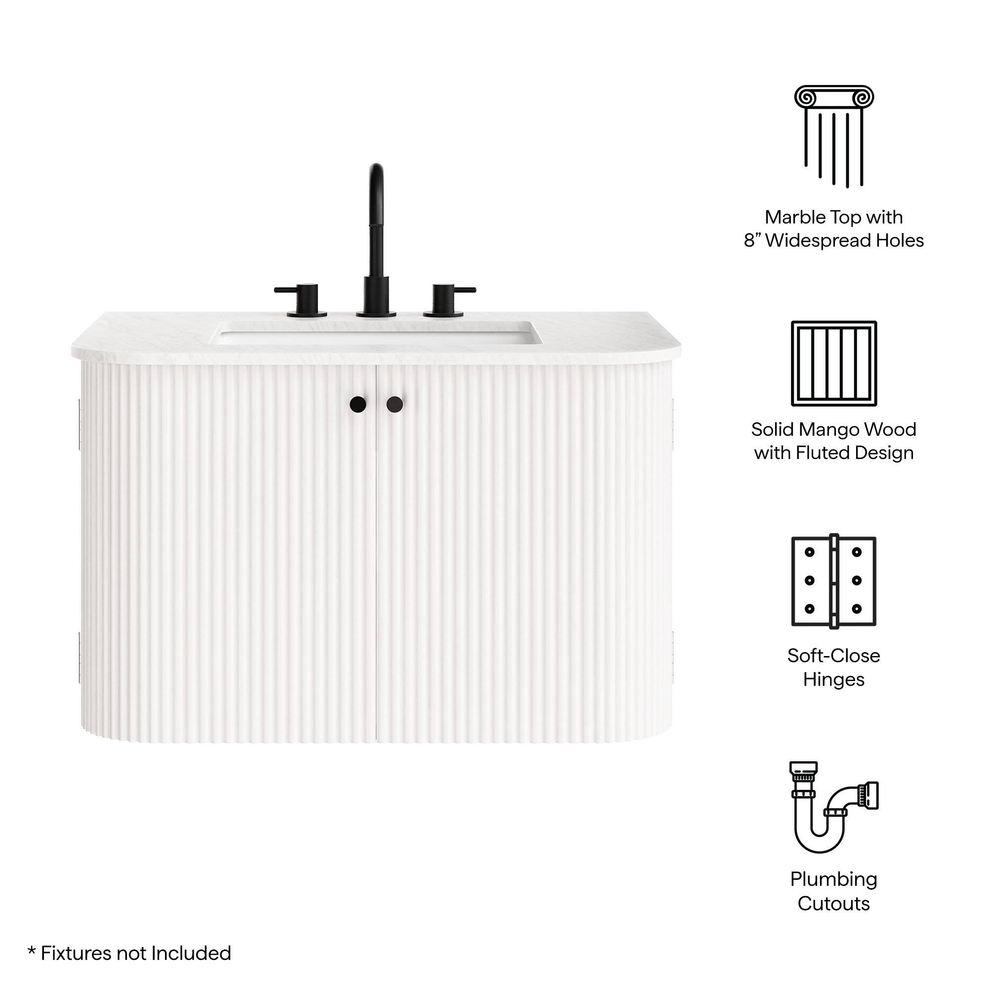 Marble Top with 8" Widespread Holes  
Solid Mango Wood with Fluted Design  
Soft-Close Hinges  
Plumbing Cutouts  
Fixtures not Included