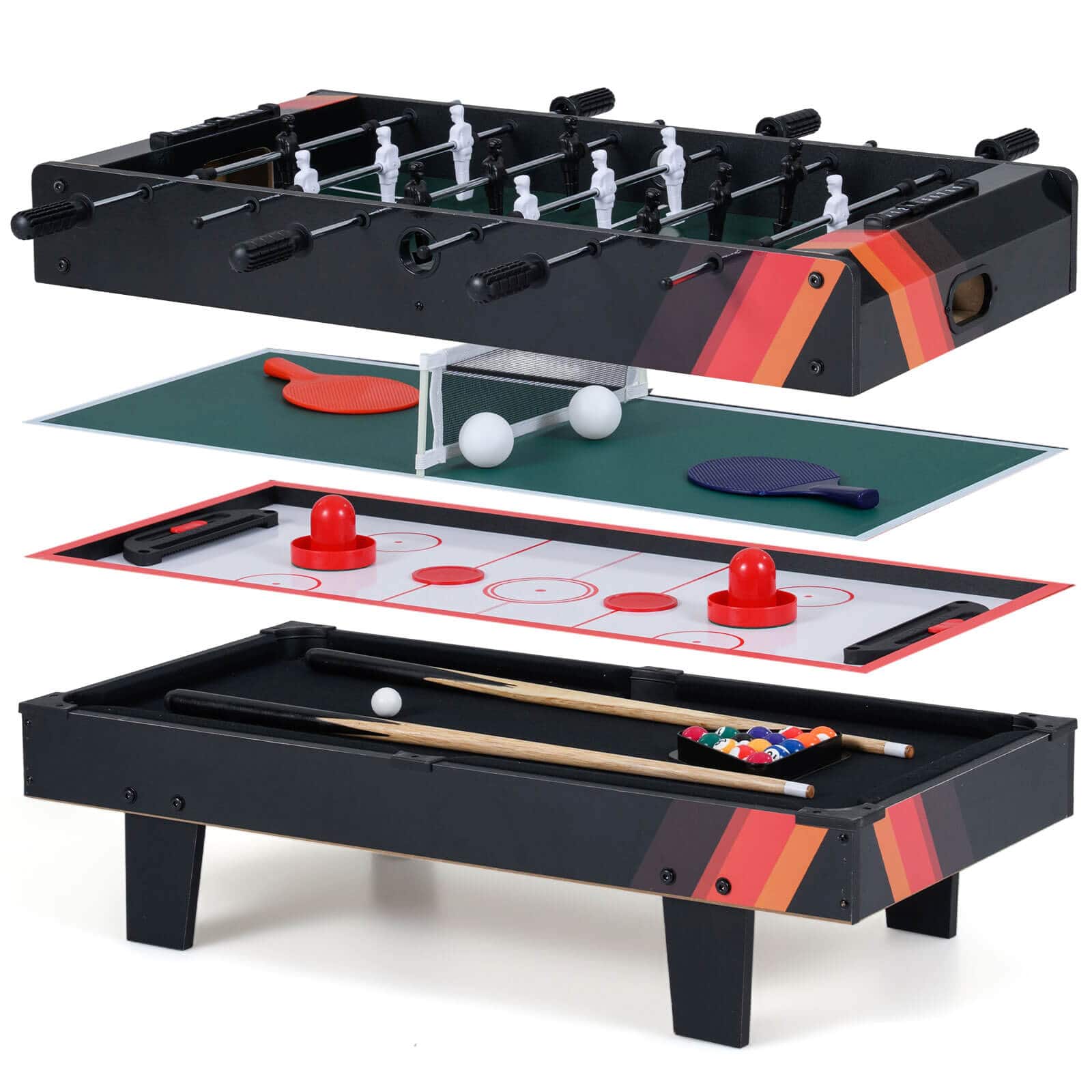 Costway - 4 in 1 Multi Game Table with Stackable Tabletops of Billiards, Air Hockey, Foosball - Black