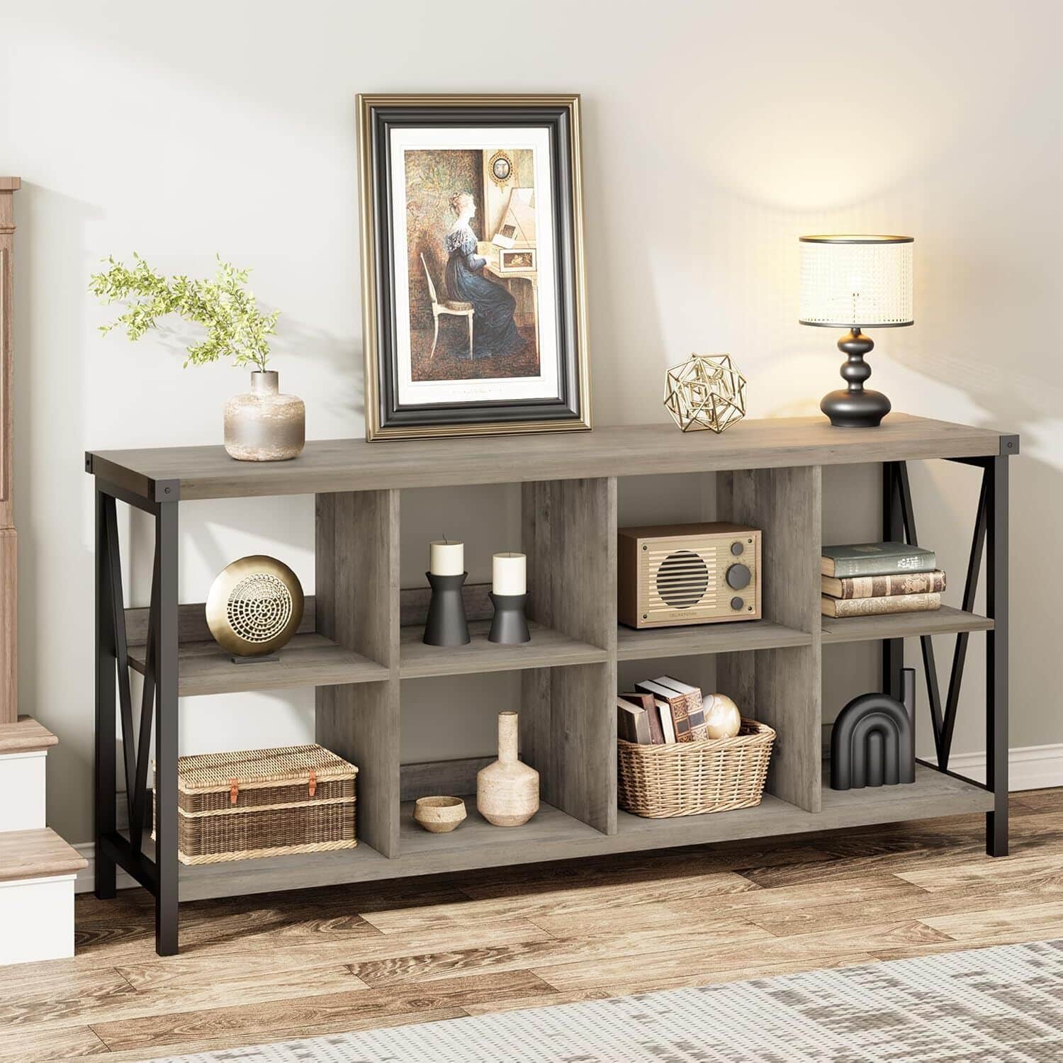 Acekool - 8 Cube Storage Organizer Bookshelf, Farmhouse Horizontal Bookcase - Gray