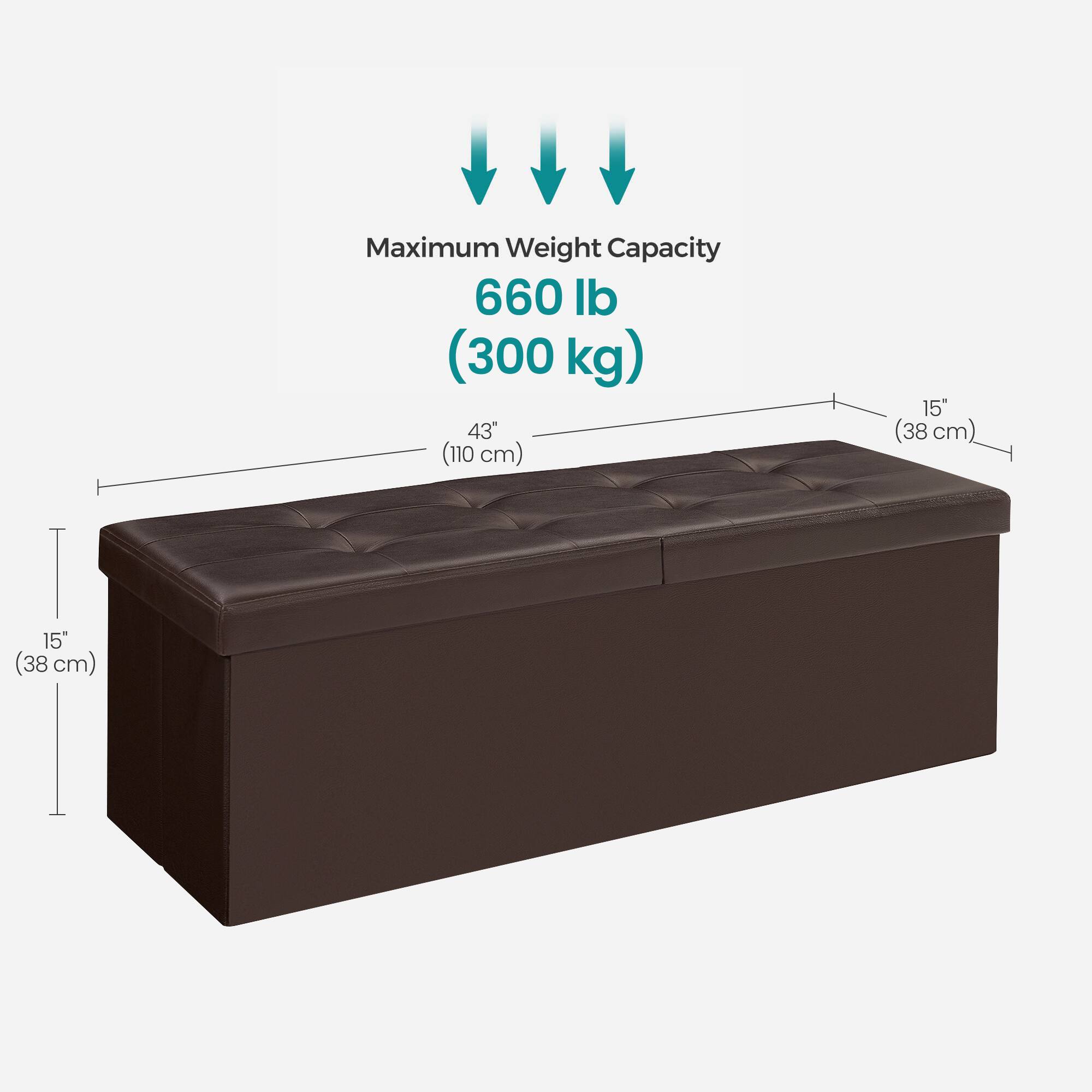 Maximum Weight Capacity: 660 lb (300 kg)  
Dimensions: 43" (110 cm) x 15" (38 cm) x 15" (38 cm)