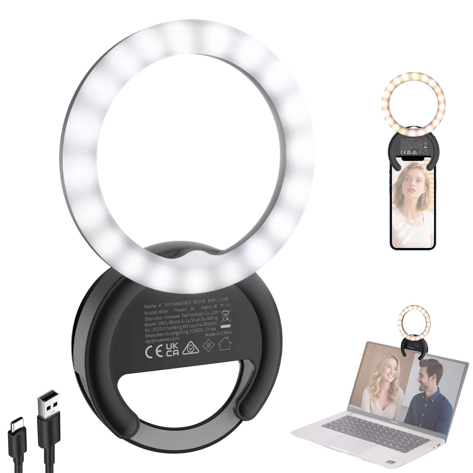 Neewer - 4" Phone Selfie Ring Light, Bi-Color, Rechargeable