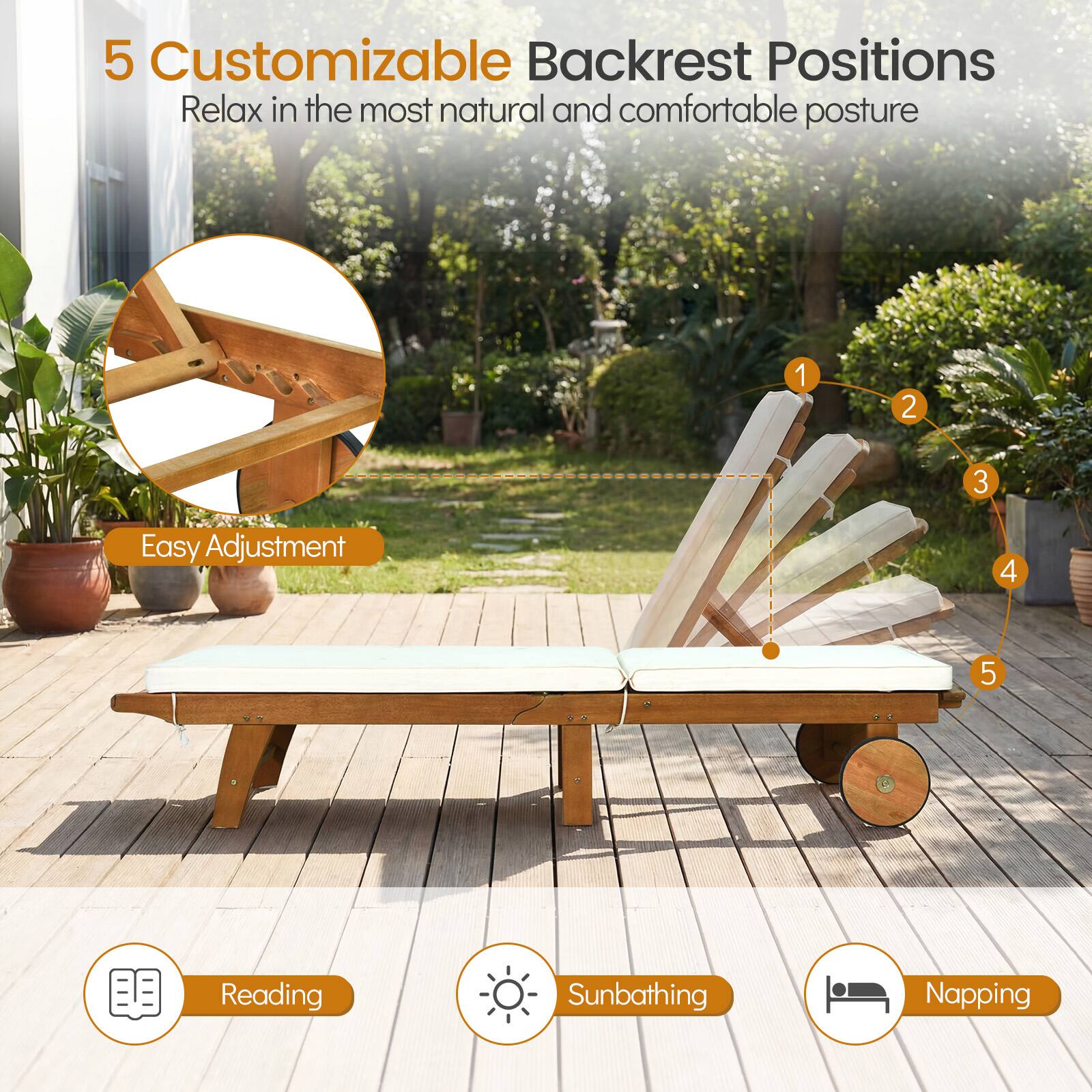 5 Customizable Backrest Positions  
Relax in the most natural and comfortable posture  

Easy Adjustment  

1. Reading  
2. Sunbathing  
3. Napping