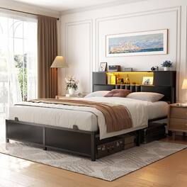 Aheaplus - Modern Bed Frame: Power Outlet & LED Lights, Headboard Storage, Quiet Support - Black