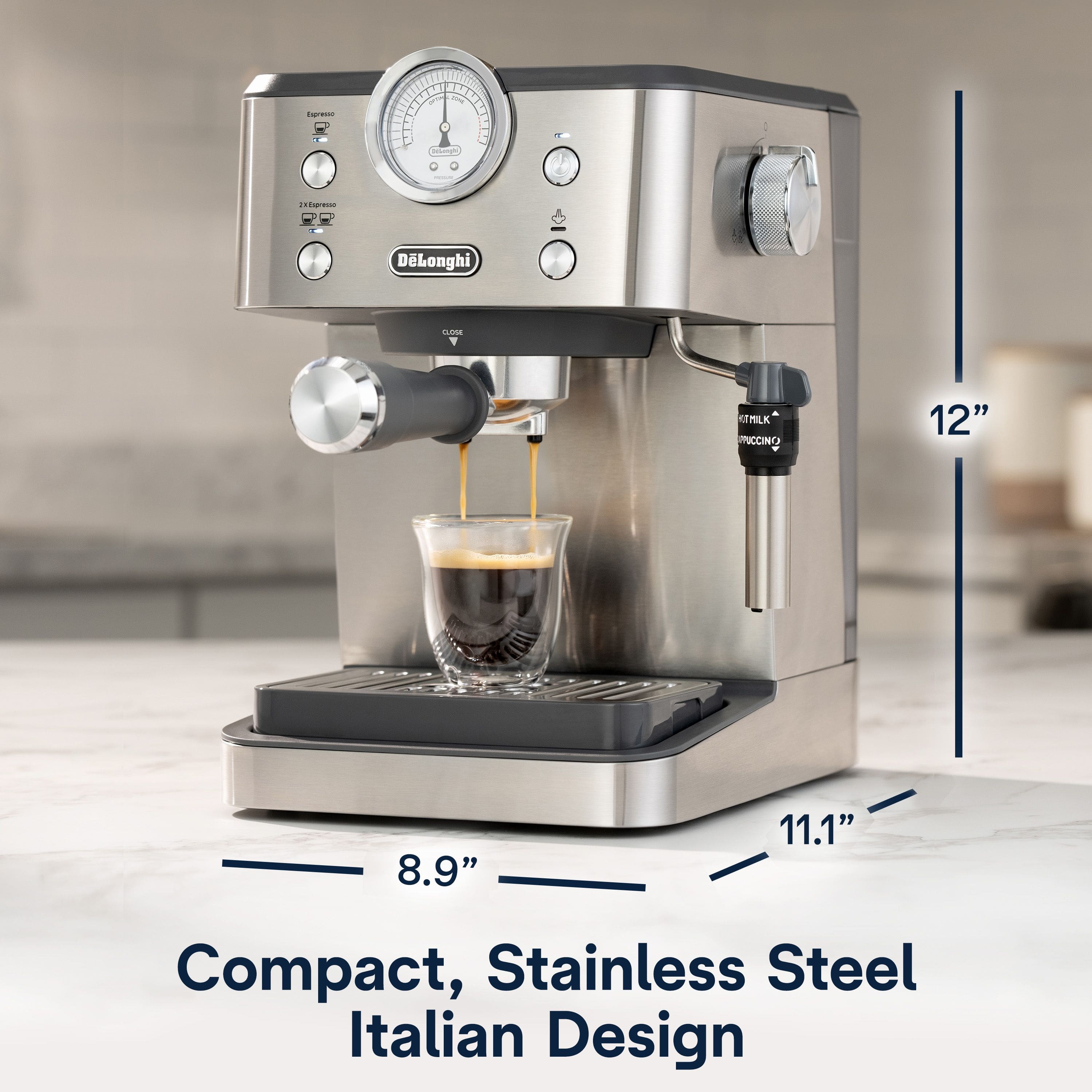 Compact, Stainless Steel Italian Design - 12" - 8.9" - 11.1" - DeLonghi - Espresso - Milk - Puccino
