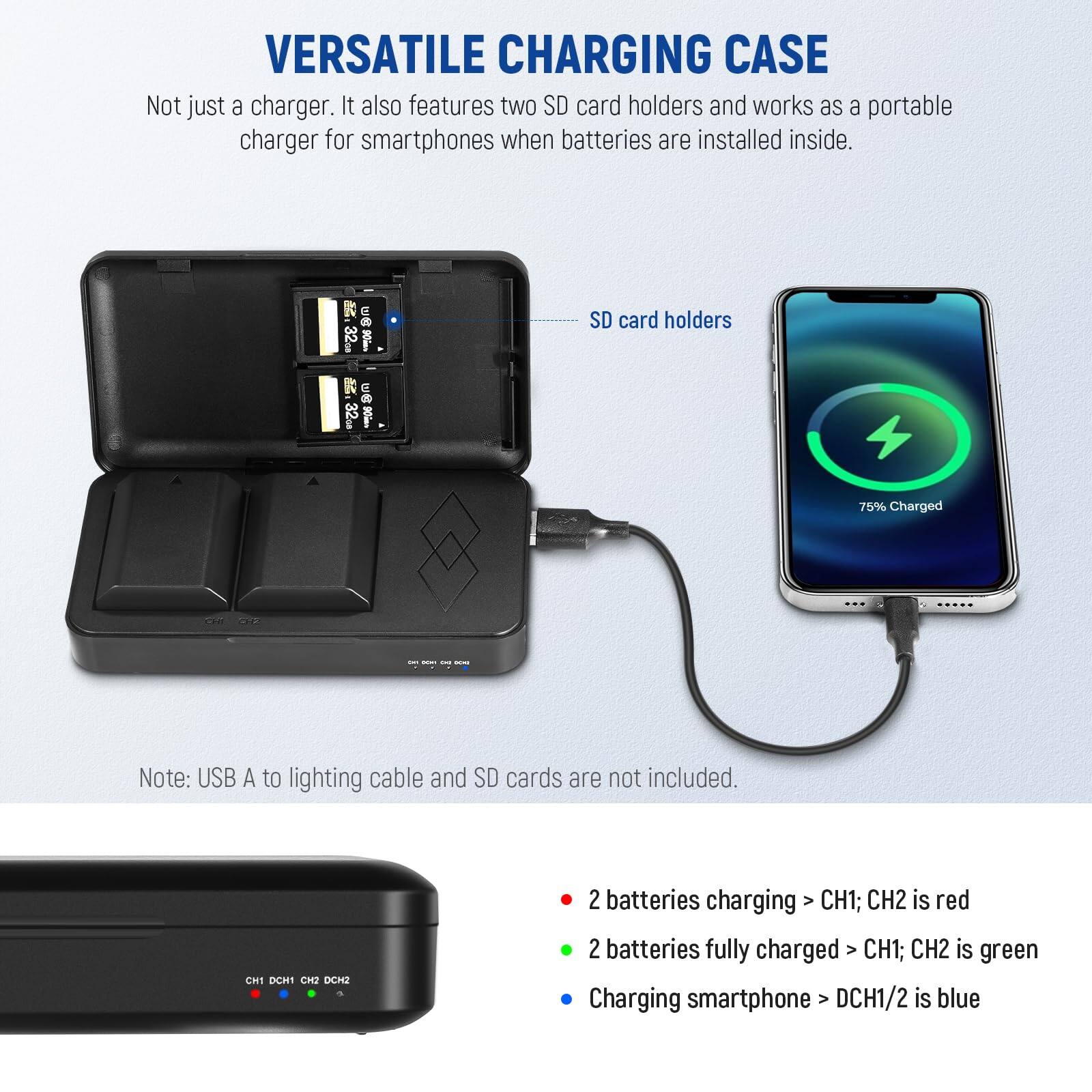 VERSATILE CHARGING CASE

Not just a charger. It also features two SD card holders and works as a portable charger for smartphones when batteries are installed inside.

SD card holders

75% Charged

Note: USB A to lighting cable and SD cards are not included.

- 2 batteries charging > CH1; CH2 is red
- 2 batteries fully charged > CH1; CH2 is green
- Charging smartphone > DCH1/2 is blue