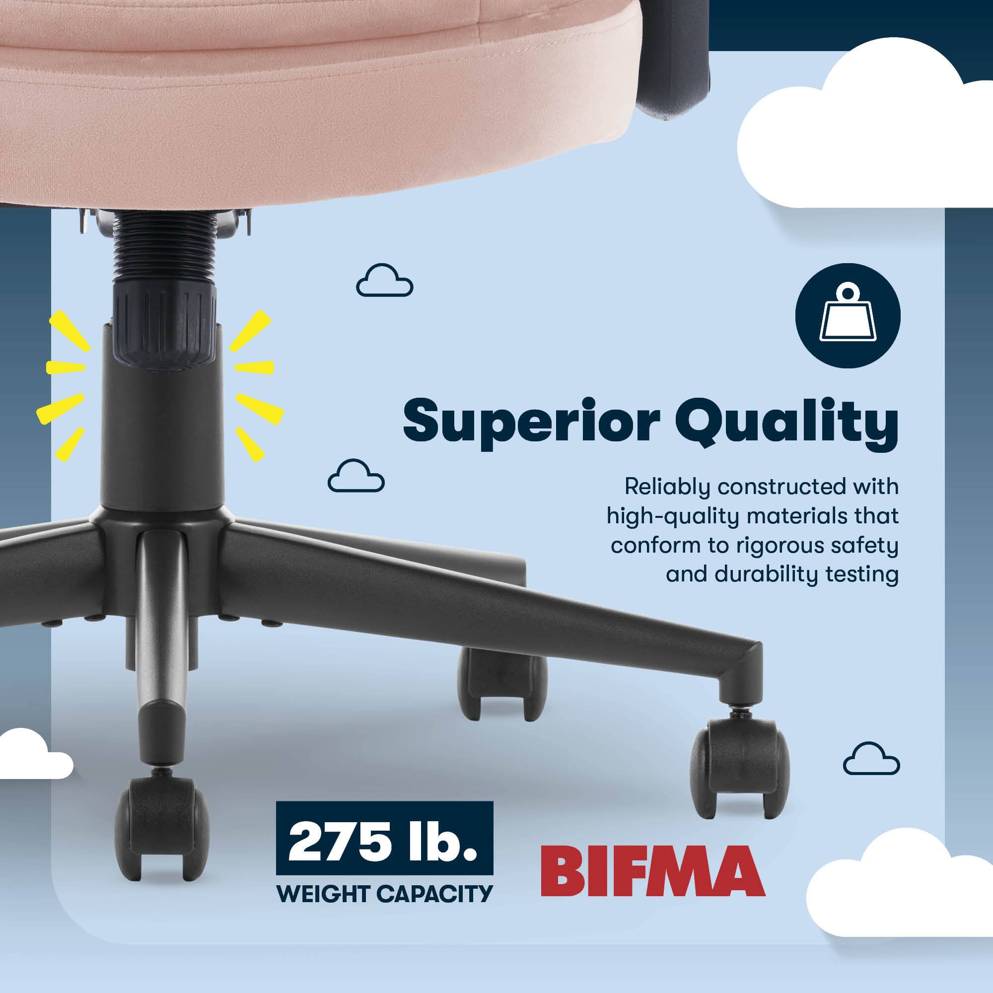 The text on the image is grouped and corrected as follows:

"Superior Quality: Reliably constructed with high-quality materials that conform to rigorous safety and durability testing. 275 lb. Weight Capacity. BIFMA."