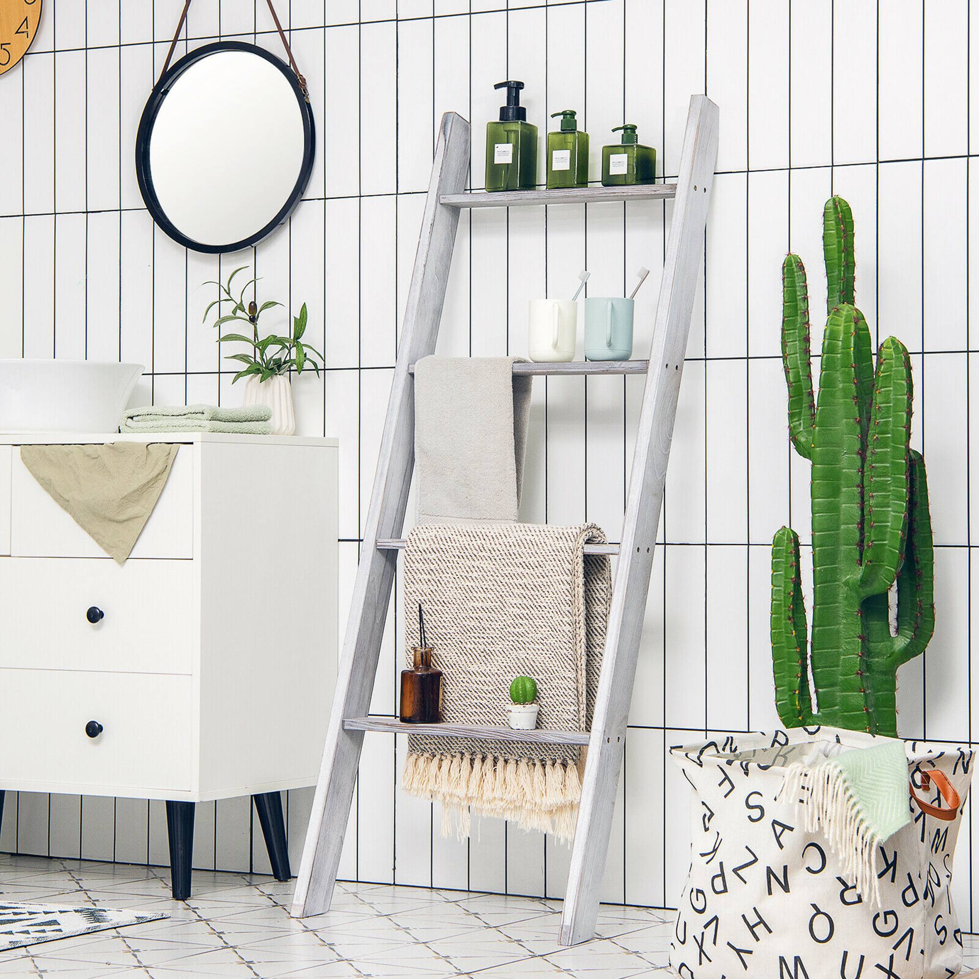 Alt View 3. Costway - Costway Wall Leaning Blanket Ladder Wood Decorative Quilt Blankets Holder Rack - Grey.