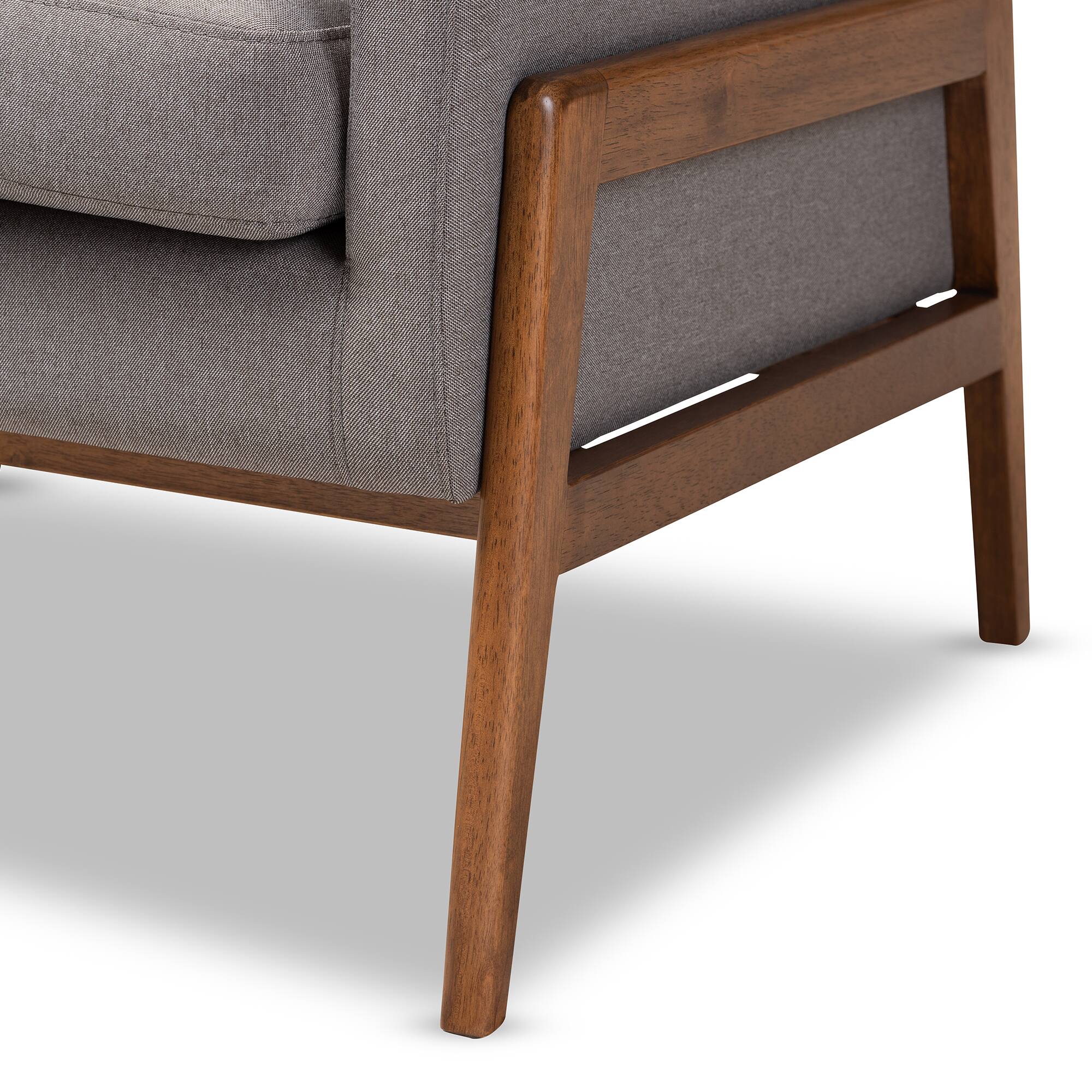 Alt View 2. Baxton Studio - Perris Mid-Century Modern Fabric Upholstered Walnut Wood Lounge Chair - Grey.