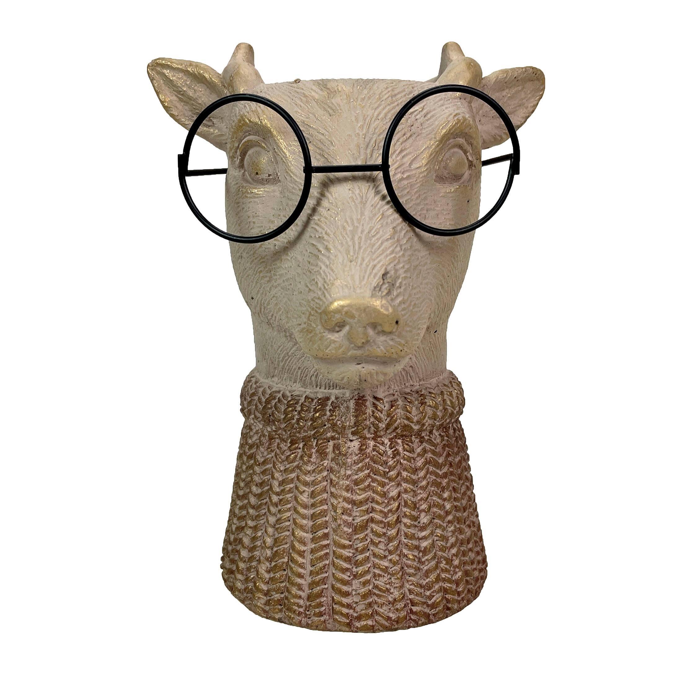 Alt View 1. Things2Die4 - Bespectacled Deer Cement Vase 8.7" Gold Accents Knit Scarf Real Wire Glasses - Taupe.