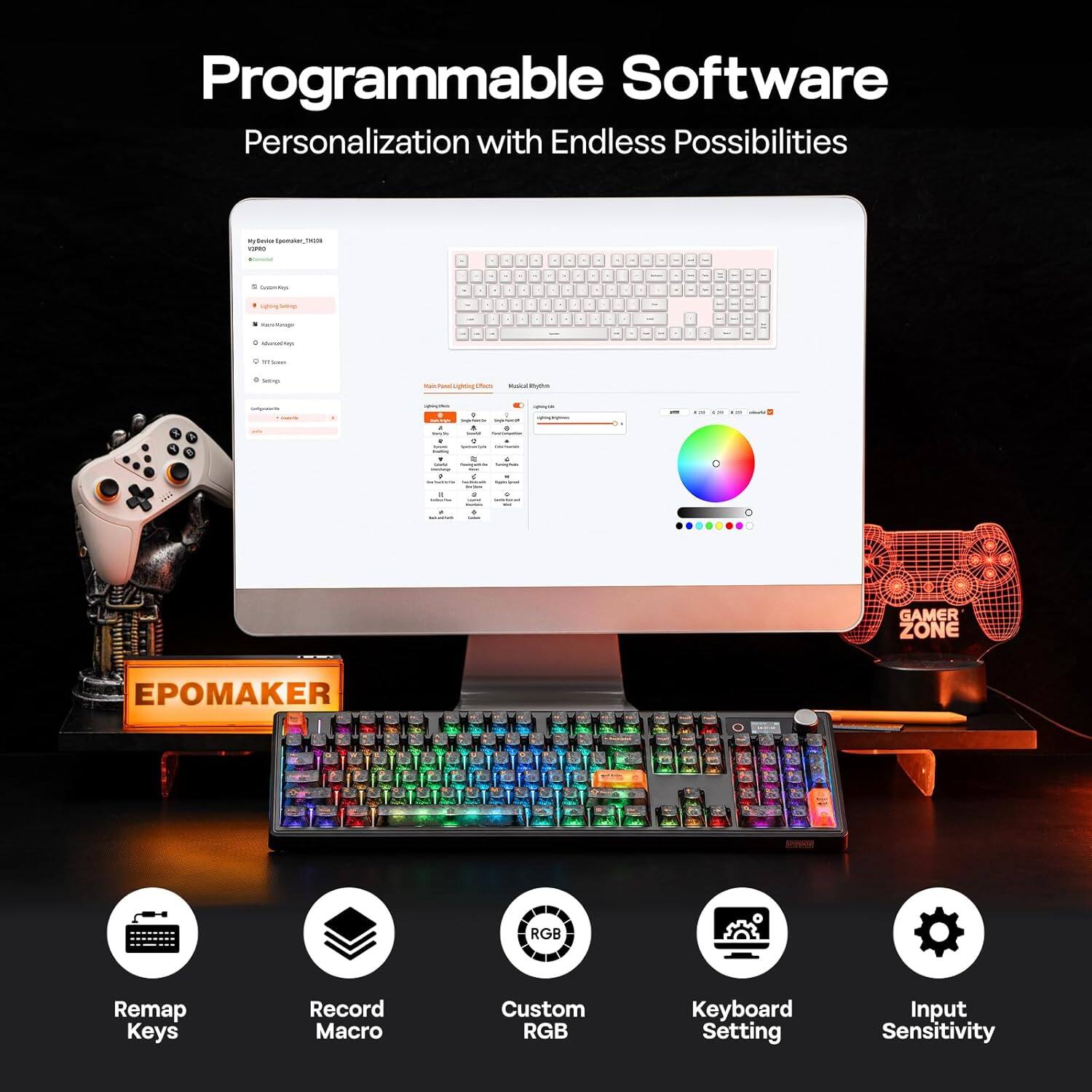 Programmable Software Personalization with Endless Possibilities

- Remap Keys
- Record Macro
- Custom RGB
- Keyboard Setting
- Input Sensitivity