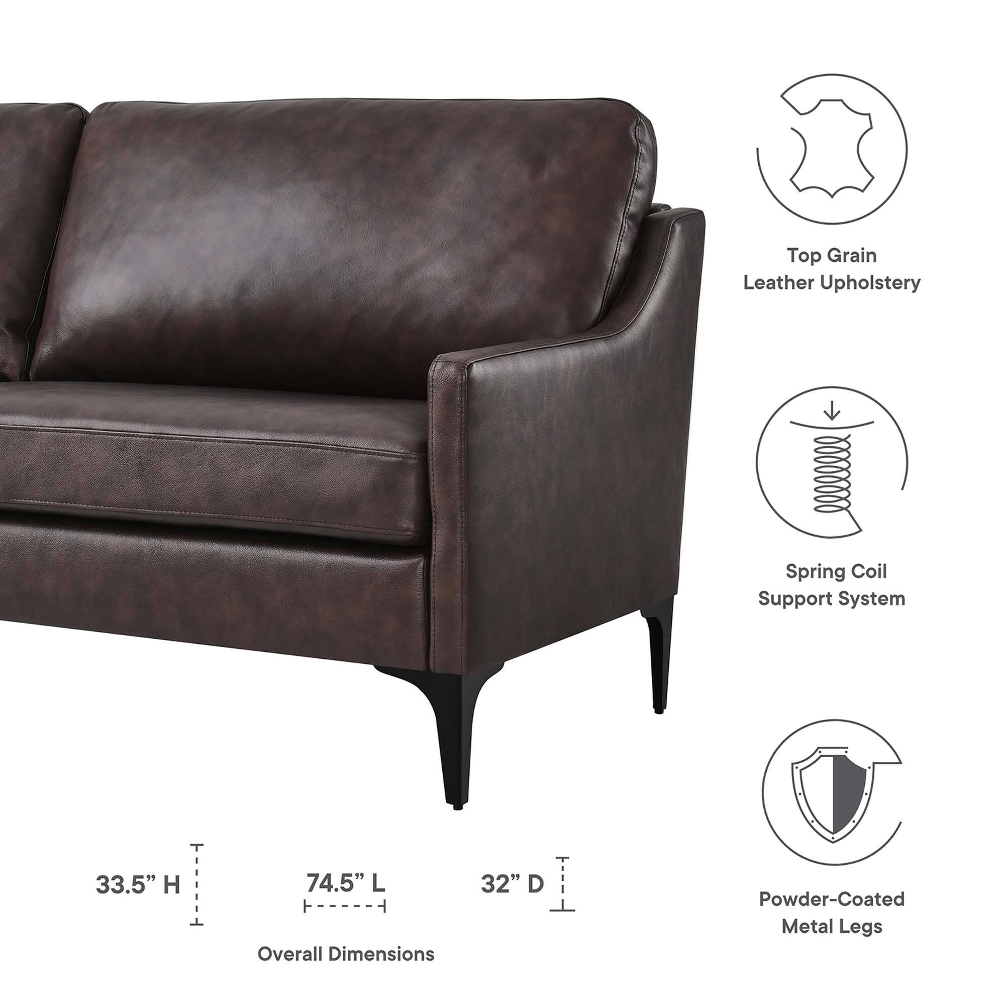 Top Grain Leather Upholstery  
Spring Coil Support System  
33.5" H  
74.5" L  
32" D  
Powder-Coated Metal Legs