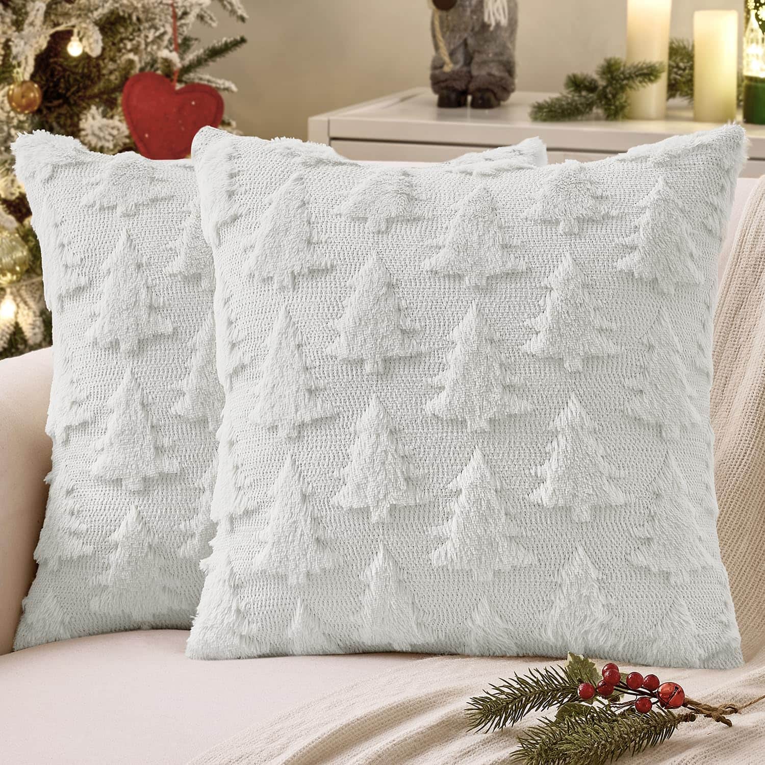 Stylel Star - MIULEE Christmas Throw Pillow Covers Dark Green Christmas Decorations Set of 2 Xmas Tree 18x18 Pillow Covers Soft Plu - Pure White