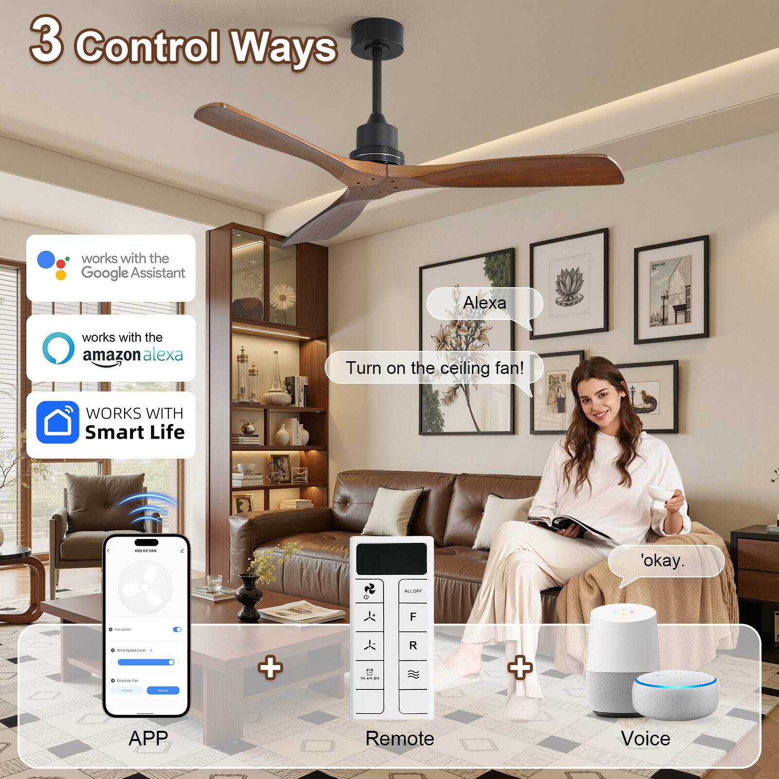 3 Control Ways

- works with the Google Assistant
- works with the amazon alexa
- WORKS WITH Smart Life

APP
Remote
Voice

Alexa: "Turn on the ceiling fan!"
Response: "okay."