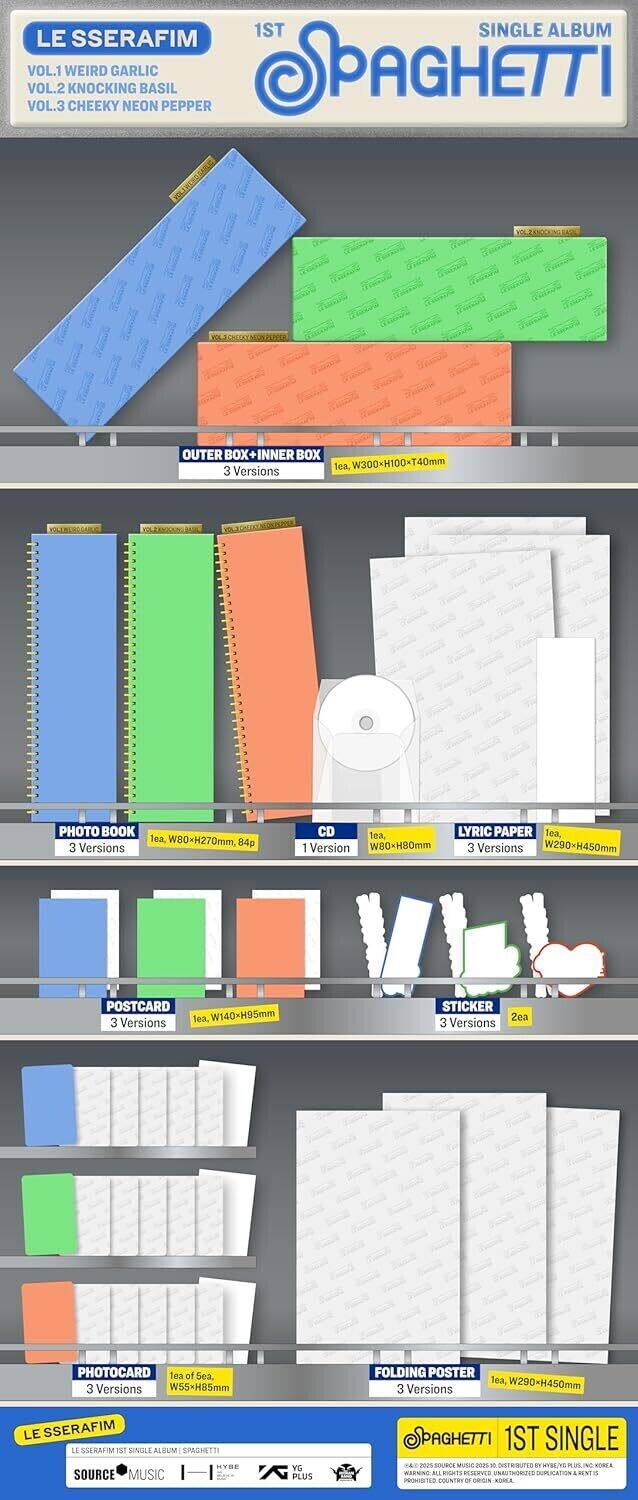 **LE SSSERAFIM**  
1ST SINGLE ALBUM  
**SPAGHETTI**  
VOL.1: WEIRD GARLIC  
VOL.2: KNOCKING BASIL  
VOL.3: CHEEKY NEON PEPPER  

**OUTER BOX + INNER BOX**  
3 Versions  
W300xH100xT40mm  

**PHOTO BOOK**  
3 Versions  
W80xH270mm, 84p  

**CD**  
1 Version  
W80xH80mm  

**LYRIC PAPER**  
3 Versions  
W290xH450mm  

**POSTCARD**  
3 Versions  
W140xH95mm  

**STICKER**  
3 Versions  
2ea  

**PHOTOCARD**  
3 Versions  
1ea of 5ea  
W55xH85mm  

**FOLDING POSTER**  
3 Versions  
W290xH450mm  

**LE SSSERAFIM**  
SOURCE MUSIC  
VG PLUS  
SPAGHETTI 1ST SINGLE  
KOMEA ARWNG