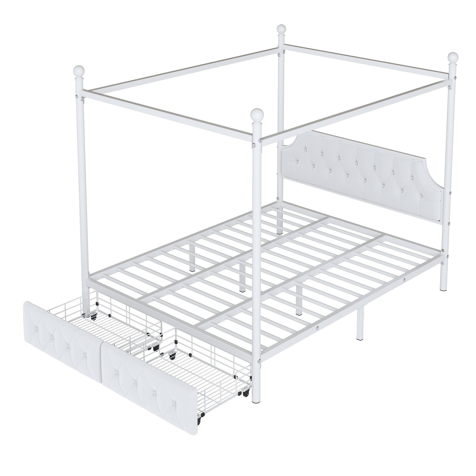 Alt View 2. LUCKY ONE - Queen Size Metal Canopy Platform Bed with Upholstered Headboard and Two Storage Drawers - White.