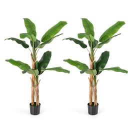 Gymax - 2PCS 6.5' Tall Artificial Banana Tree w/ 27 Large Leaves Natural Bark - Green, Brown, Black