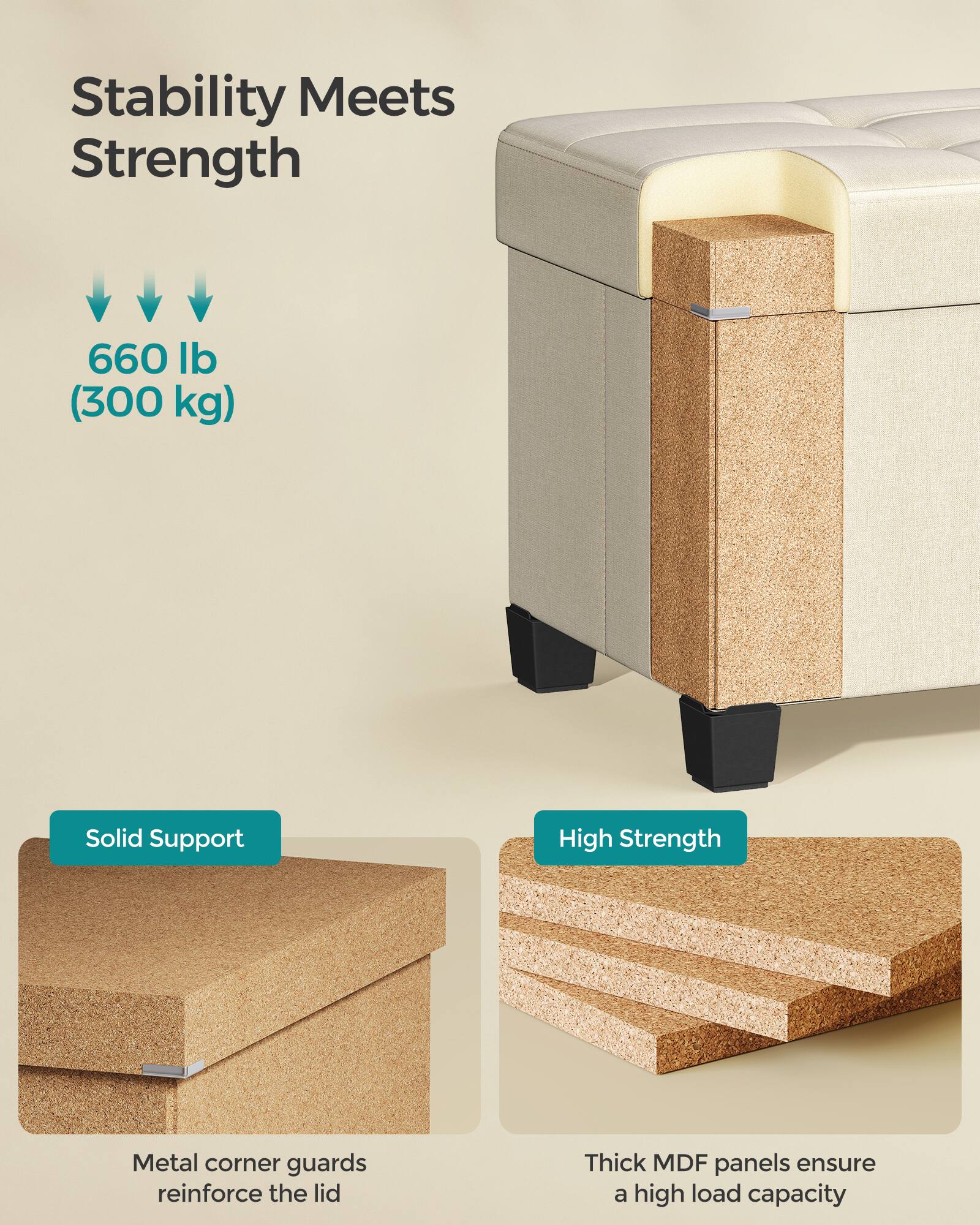 Stability Meets Strength

660 lb (300 kg)

Solid Support
Metal corner guards reinforce the lid

High Strength
Thick MDF panels ensure a high load capacity