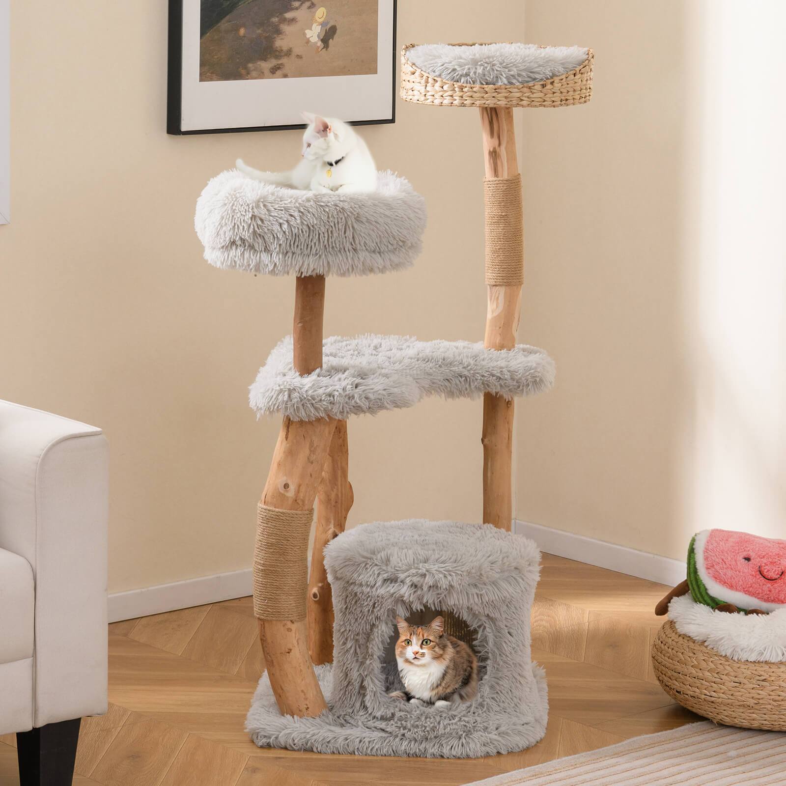 Alt View 1. Costway - Costway 49" Multi-Layer Cat Tree Solid Wood Cat Tower w/ Jute Scratching Posts Cat Activity Center - Natural,Gray.