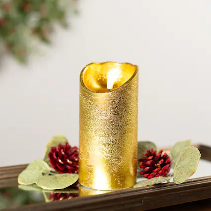 Front. Northlight - LED Lighted Flameless Flickering Pillar Christmas Candle - 6" - Gold - Gold.