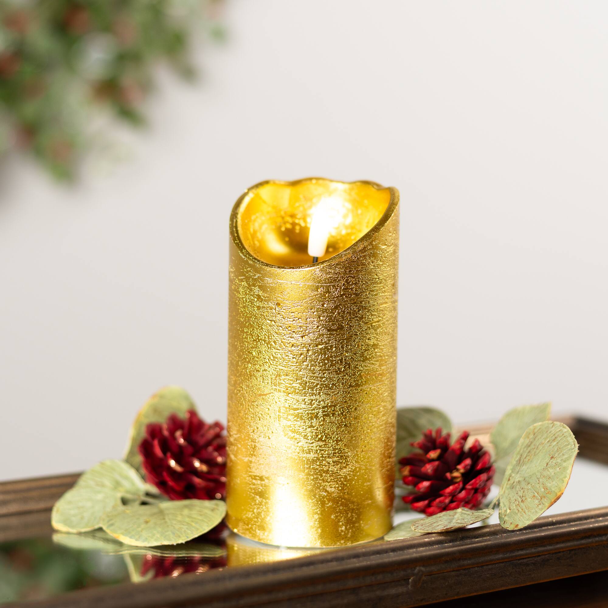 Front. Northlight - LED Lighted Flameless Flickering Pillar Christmas Candle - 6" - Gold - Gold.