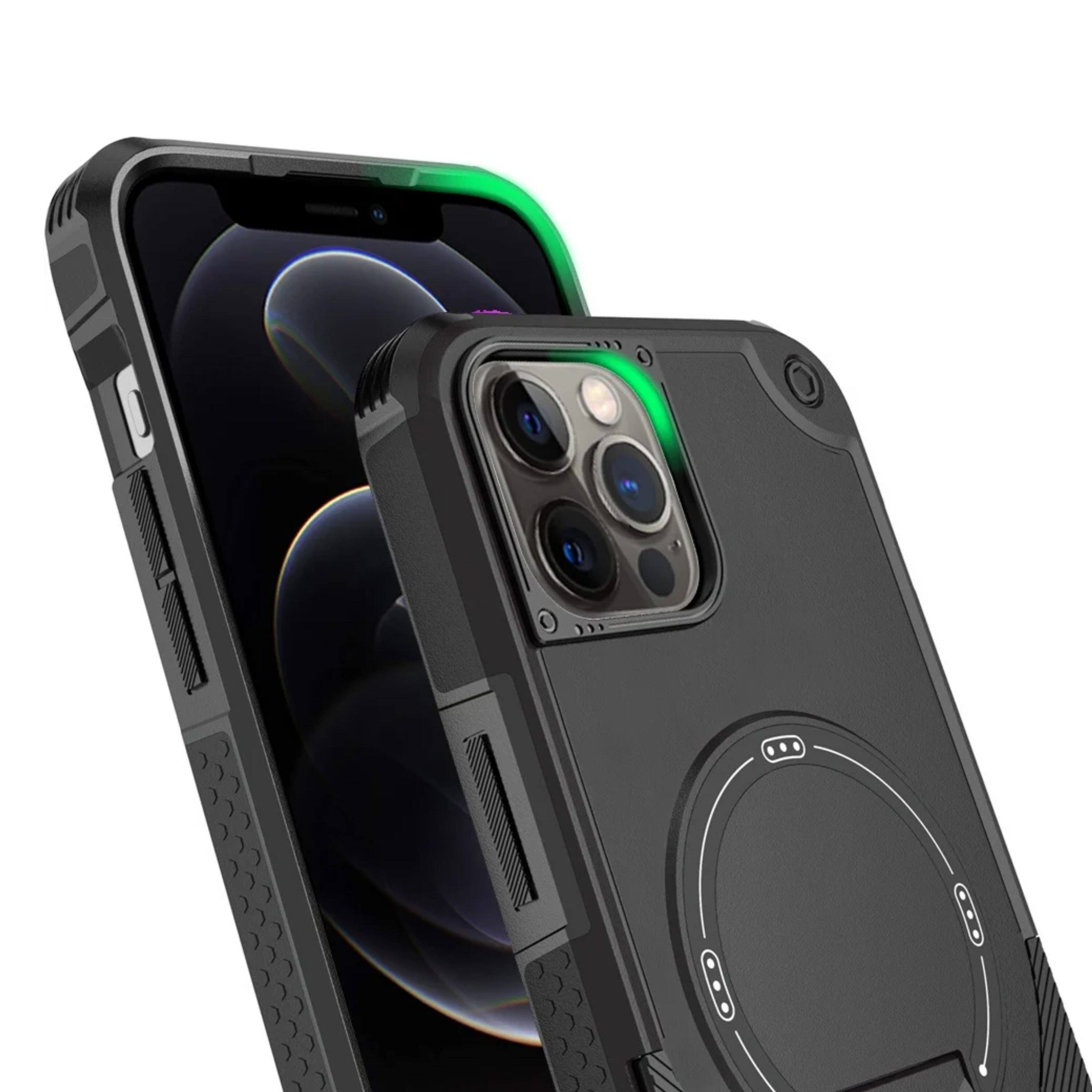 Angle. Kitcheniva - Magnetic Circle Rugged Grip Kickstand Phone Case With Tempered Glass For iPhone 12/12 Pro Black - Black.
